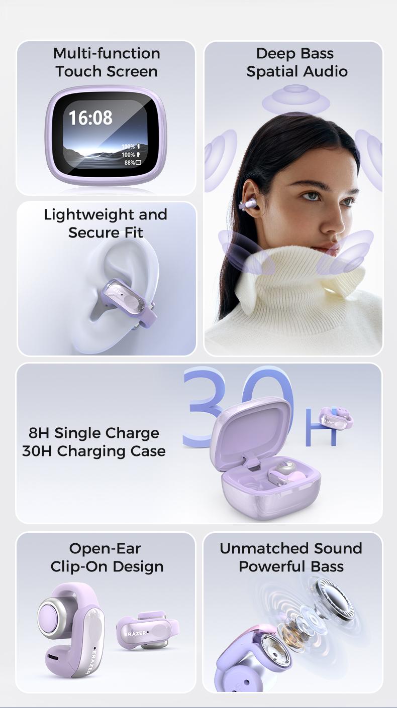 ERAZER XF28 Clip-on Open Ear Translation Wireless Earbuds With APP, Wireless Headphones With Audio-Visual Future Touch Screen, Waterproof Sports Electronic Earphones with Long Endurance,Bluetooth 6.0 Immersive Audio Earphones, for Sports Running Working ERAZER XF28 Clip-on Open Ear Translation Wireless Earbuds With APP, Wireless Headphones With Audio-Visual Future Touch Screen, Waterproof Sports Electronic Earphones with Long Endurance,Bluetooth 6.0 Immersive Audio Earphones, for Sports Running Working