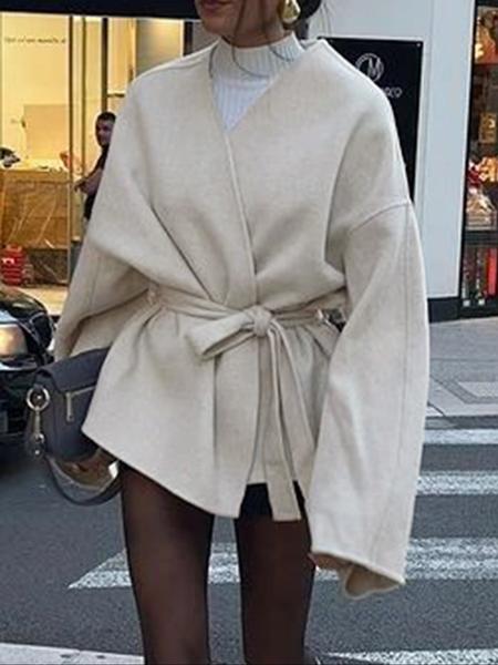 Women's Casual Fashion Long Sleeve Lace-Up Jacket, Plain Woven Fabric, Fitted Design, Fall & Winter Daily Wear Outerwear Coat, Womenswear