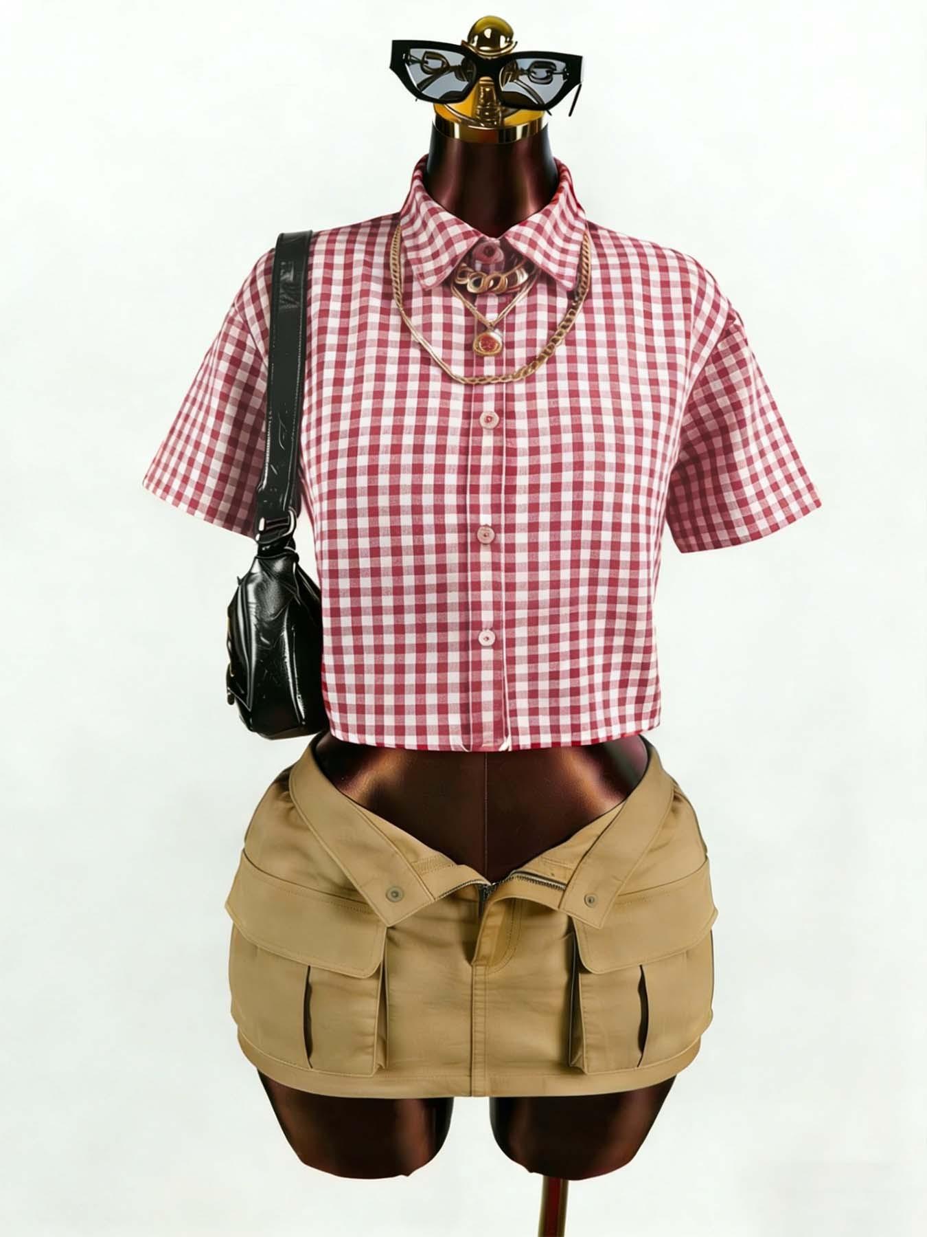 tiktokshopspringglowup Viral Gingham umbilical plaid top paired with work pants mini skirt 🖤  Y2K streetwear, checkered button down shirt, low waist practical skirt, summer out fashion, casual daily wear