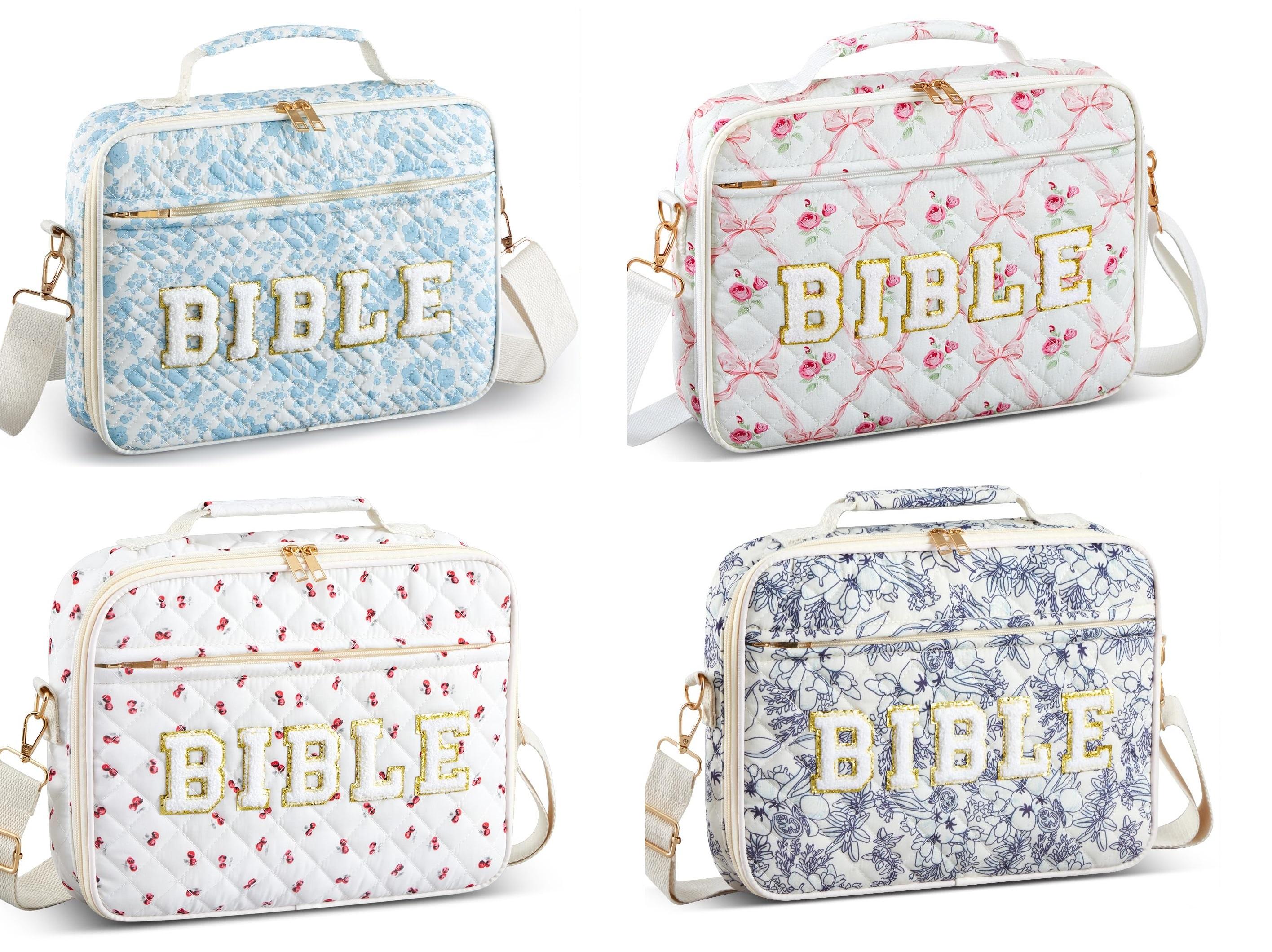 Quilted Bible Bag for Women Pink Bow Bible Cover 12x9x2.5In Large Chenille Letter Bible Case with Shoulder Strap Pretty Gift for Christian Women Girls, Bible journaling Kit for Church Sunday Prayer, Easter Gift for Her