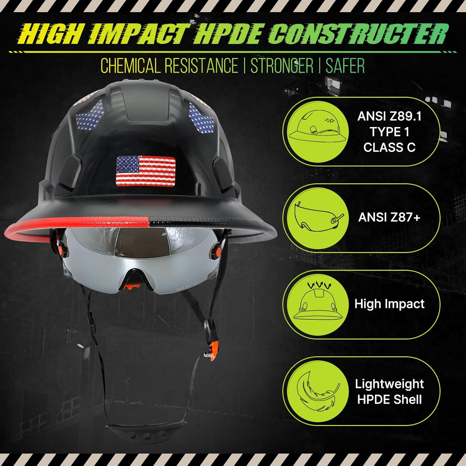 Full Brim Hard Hat with Clear Visor Cascos De Construccion Vented Hard Hat with Chin Strap Adjustable Cool Vent Work Helmet for Men Women