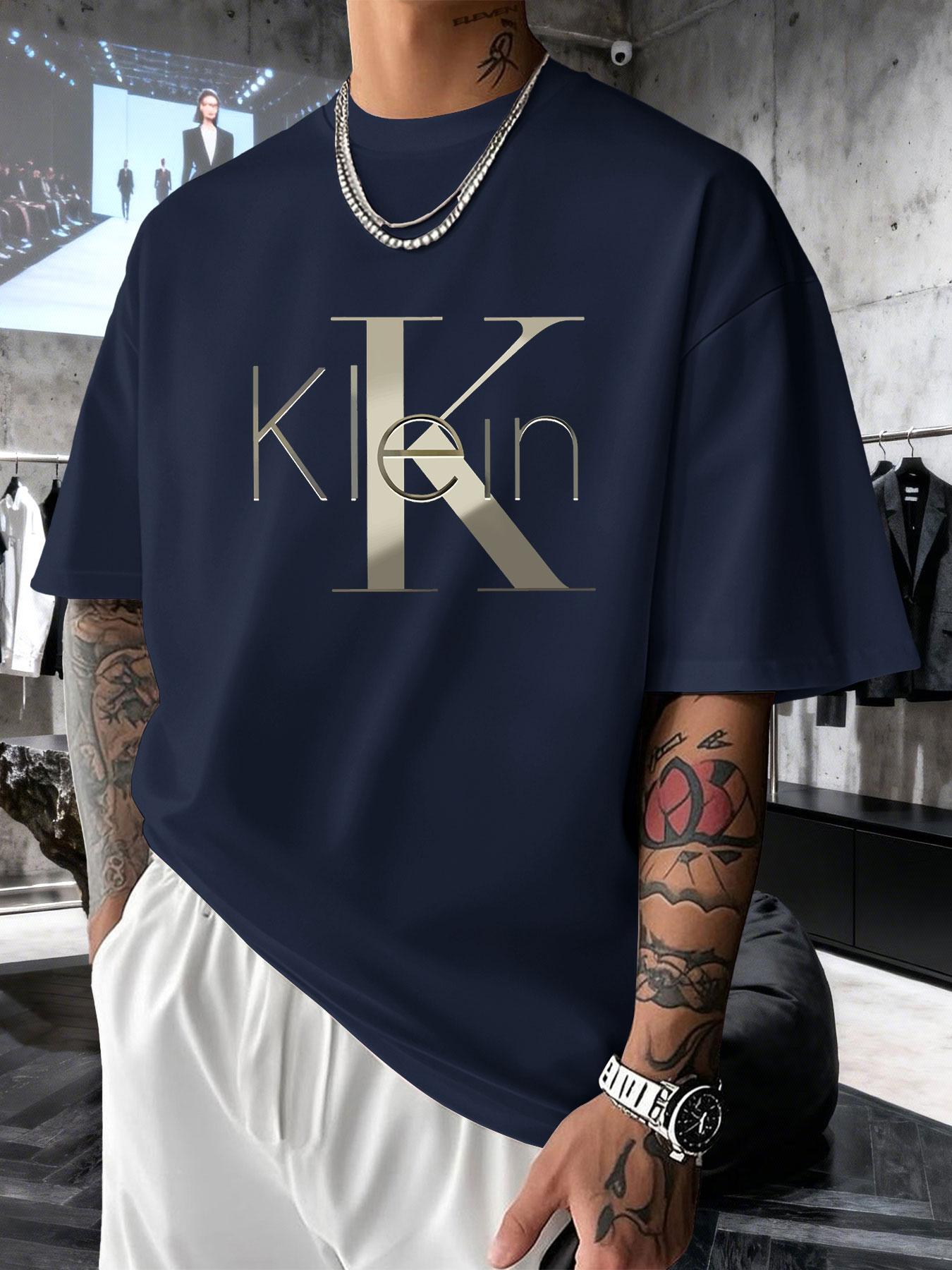 Men's Short Sleeve T-Shirt Summer Gold Embossed Klein Letter Print, Casual Loose-Fitting Long Top, All Seasons Business Fashion