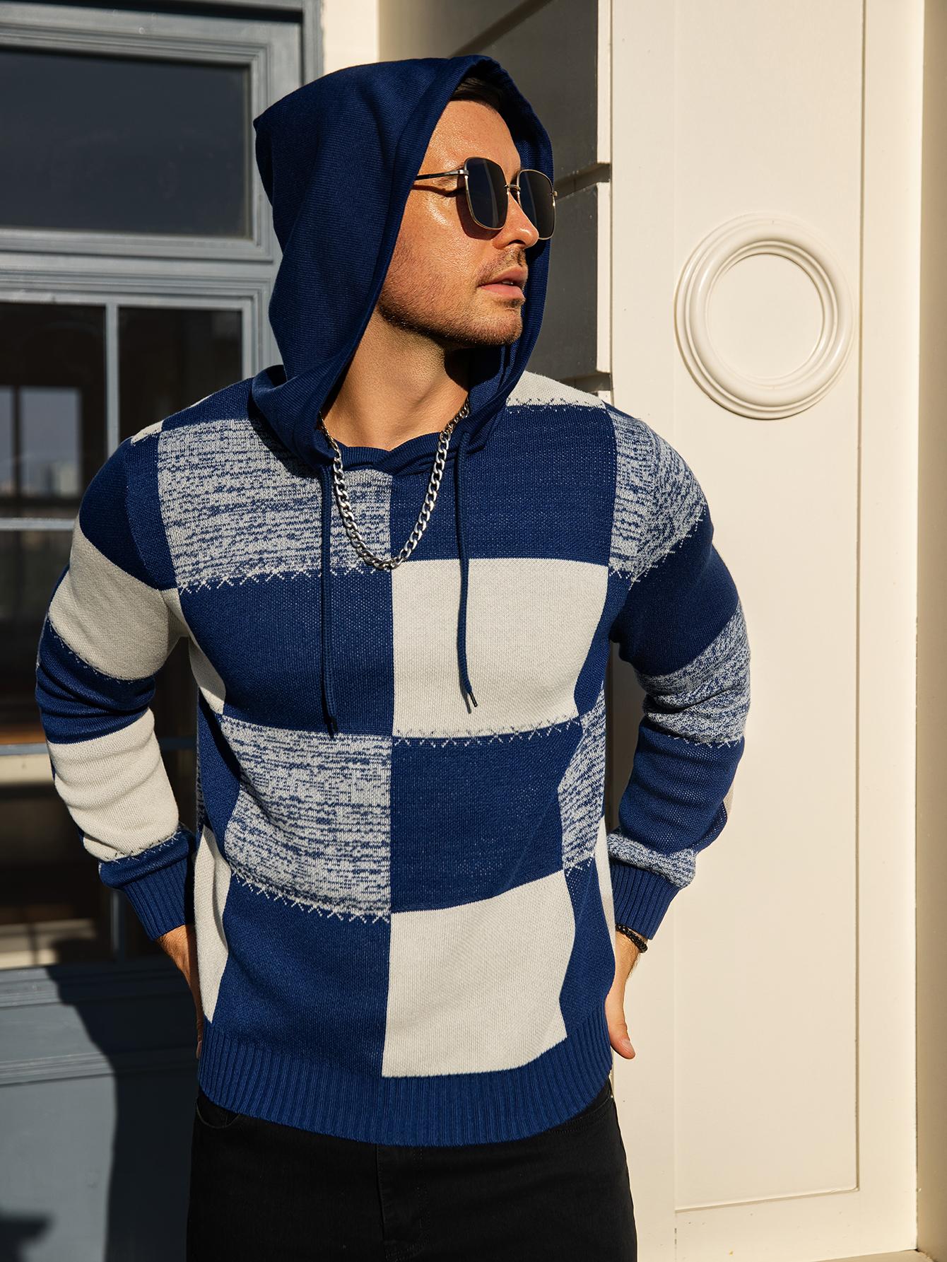 Men's Casual Hooded Color-Block Sweater - Black & Plaid Pattern, Long Sleeve Pullover with Ribbed Cuffs & Adjustable Drawstring Hood for Spring/Fall, Durable Knitwear, Comfortable Fit