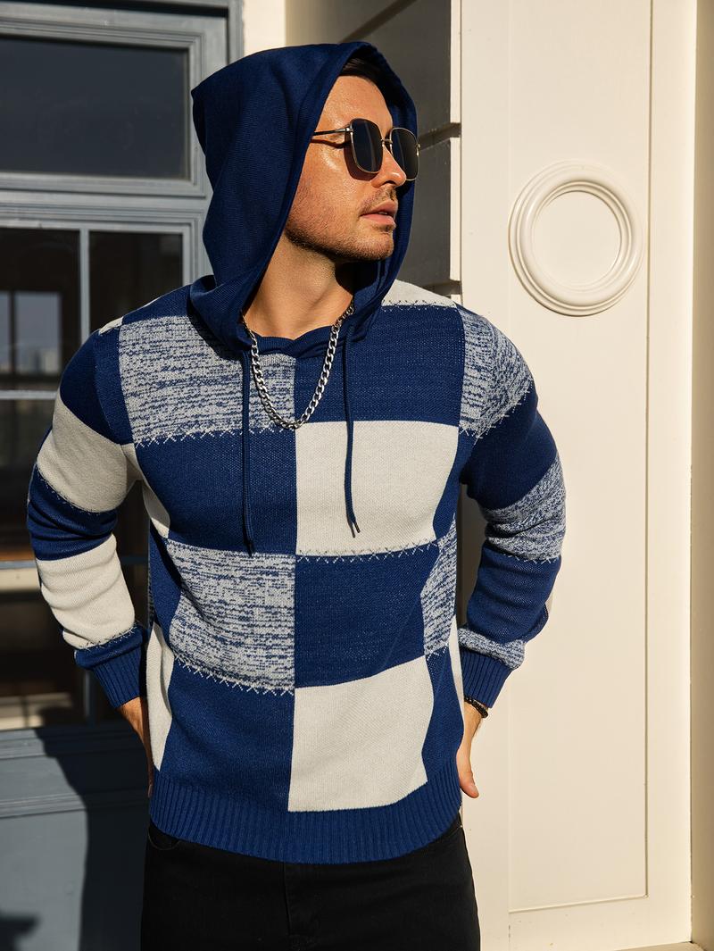 Men's Casual Hooded Color-Block Sweater - Black & Plaid Pattern, Long Sleeve Pullover with Ribbed Cuffs & Adjustable Drawstring Hood for Spring/Fall, Durable Knitwear, Comfortable Fit