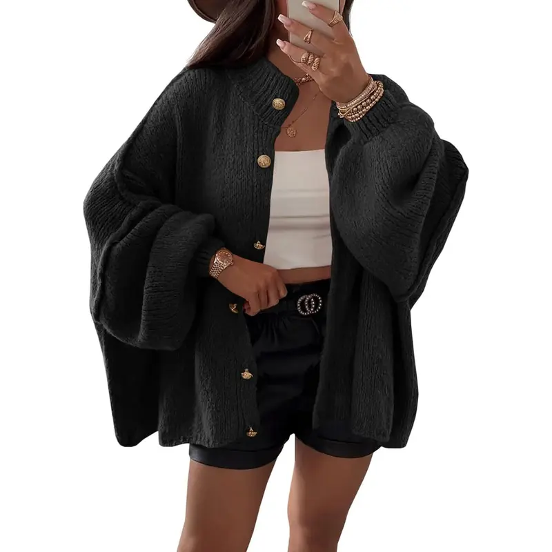 Saodimallsu Women's Oversized Button-Front Knit Cardigan, Long Lantern Sleeve Relaxed Fit Sweater Jacket