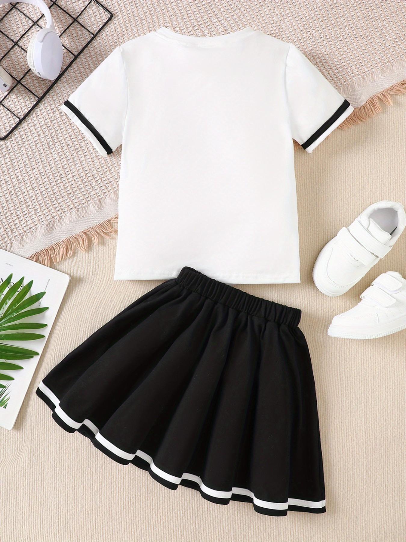 Girls' Minimalist White New York Manhattan Print T-Shirt Pleated Skirt Set, Preppy Classic Versatile 2-Piece Outfit
