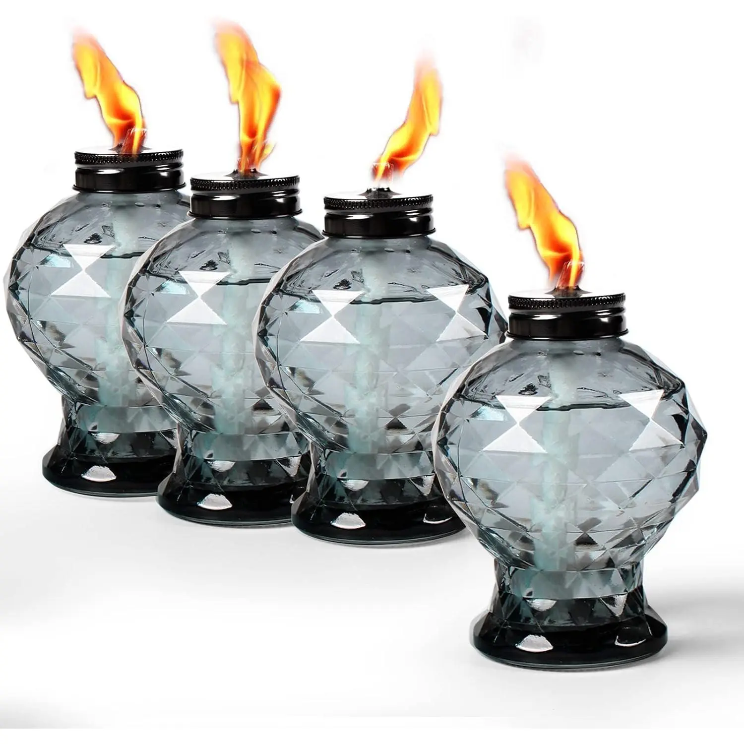 4 Pack Grey Table Top Light Torches Outdoor, Mini Glass Torch Lanterns for Outside, Easy Refill Citronella Torches for Garden Patio Yard Party