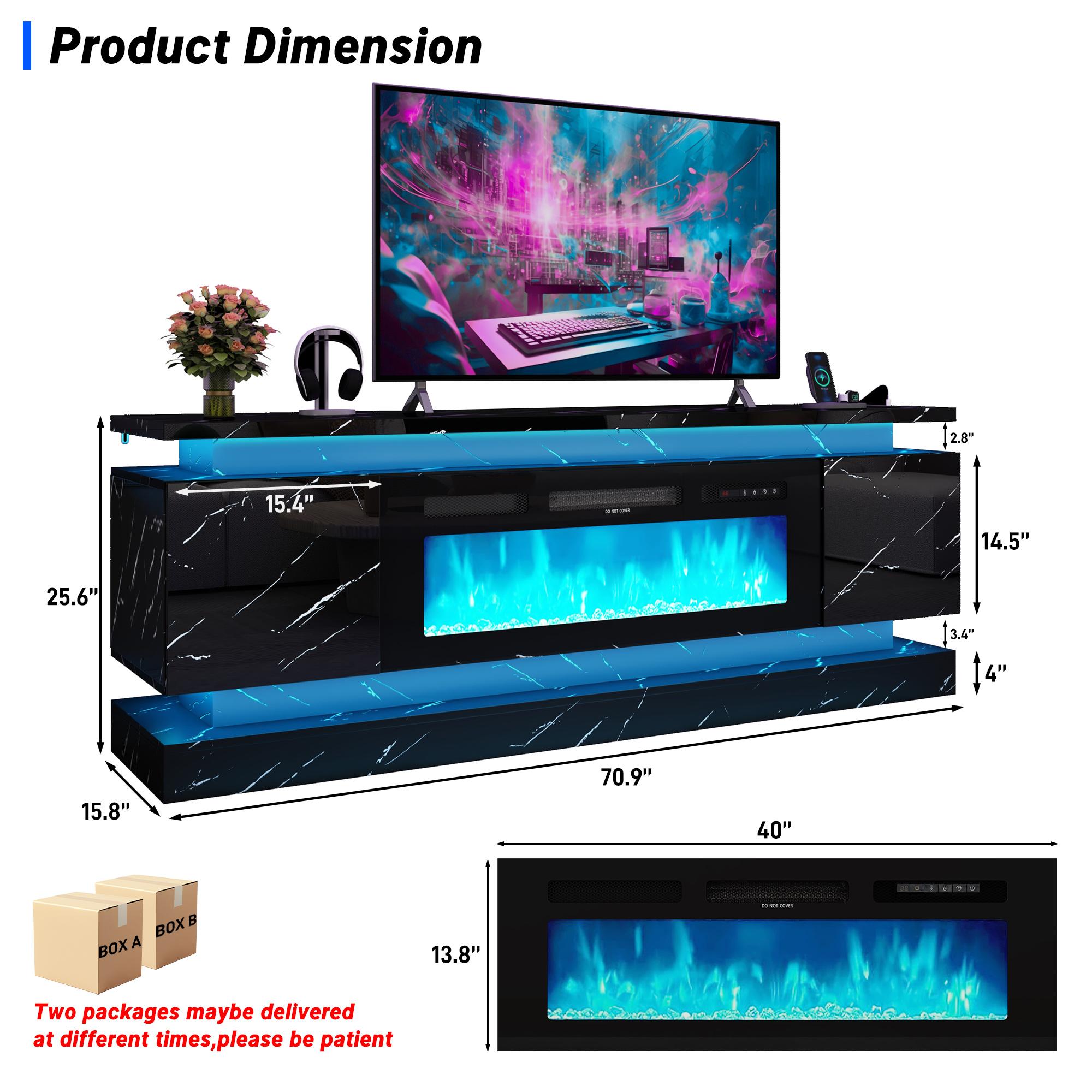 71in Fireplace TV Stands w/40 inch Fireplace Power Outlet for 85/80/75 Inch TV,High Glossy Modern TV Console Gaming Entertainment Center with 2 Storage Cabinets,Dual LED Lights,Black/White