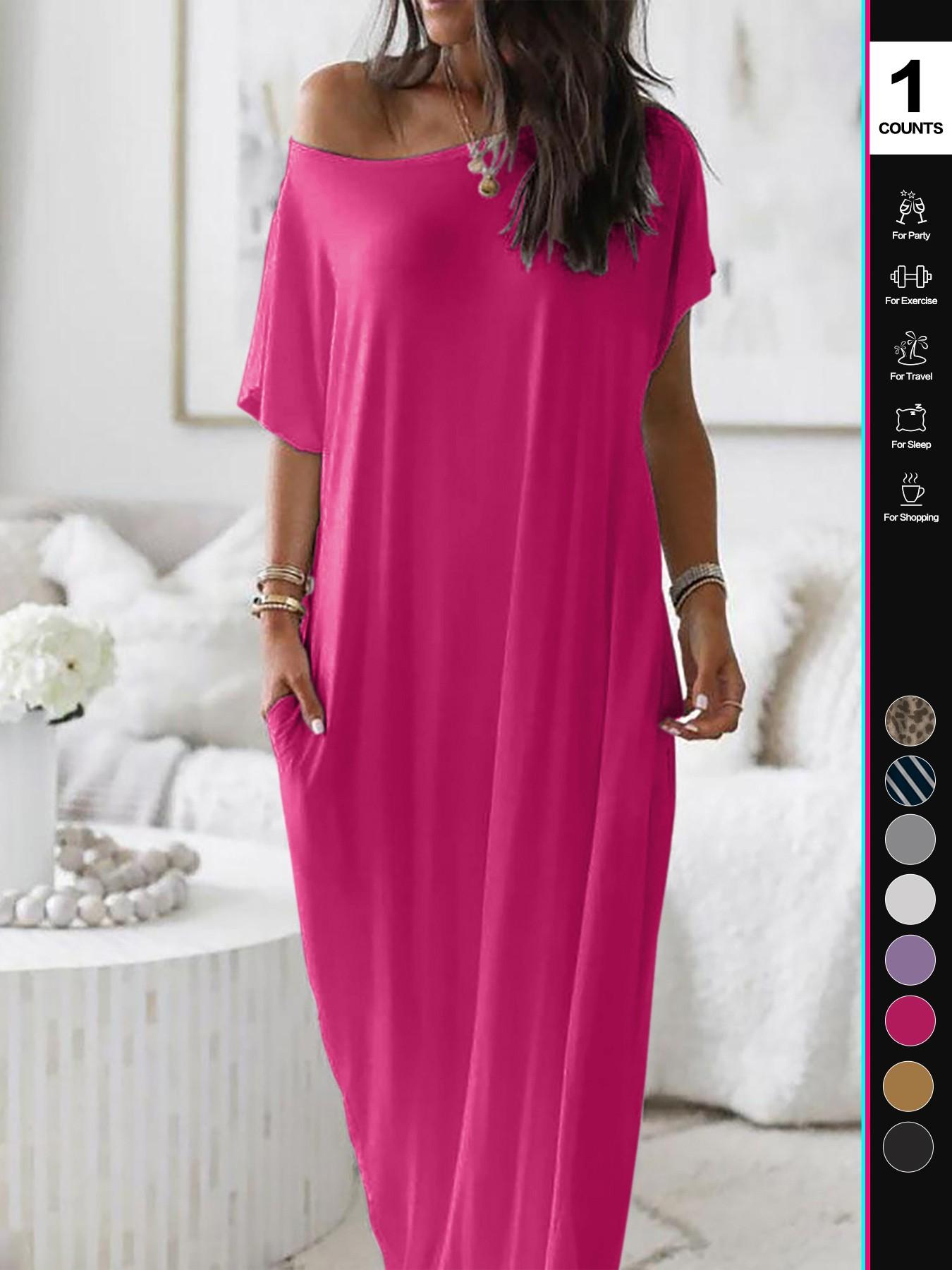 2026 Women's Solid Color Casual Loose Batwing Sleeve Loungewear Homewear Dress, Comfortable Daily Wearing Nightdress, Versatile Ladies' Sleepwear for All Seasons