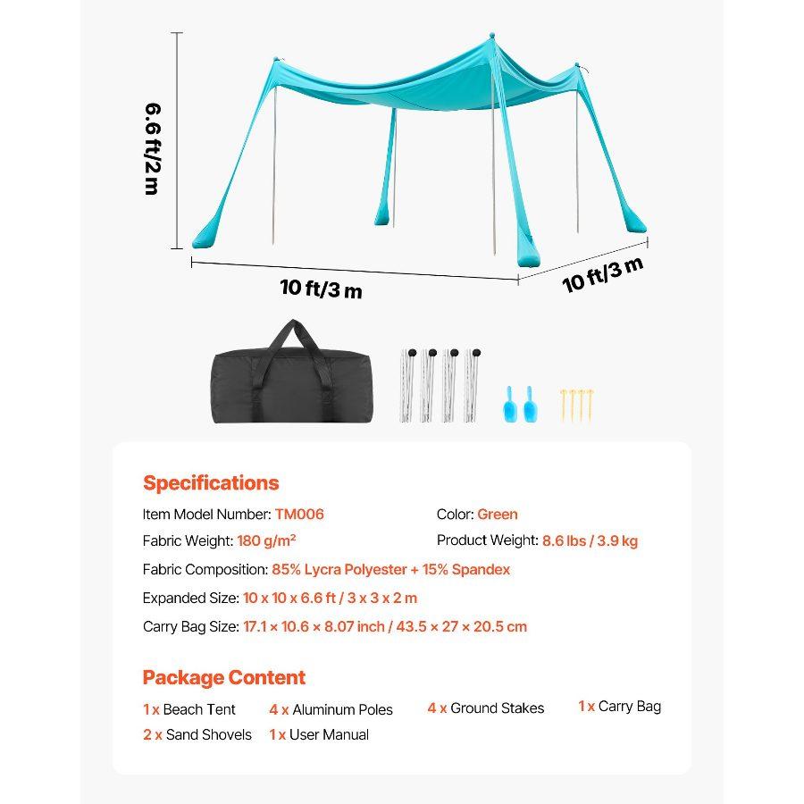 VEVOR Beach Tent Sun Shelter, UPF50+ Sun Protection, 6.6 ft Tall, 10x 10 ft, Easy Pop Up Beach Canopy with Sandbags, Stability Poles, Sand Shovels, Portable Shade for Family Outings, Camping, Fishing