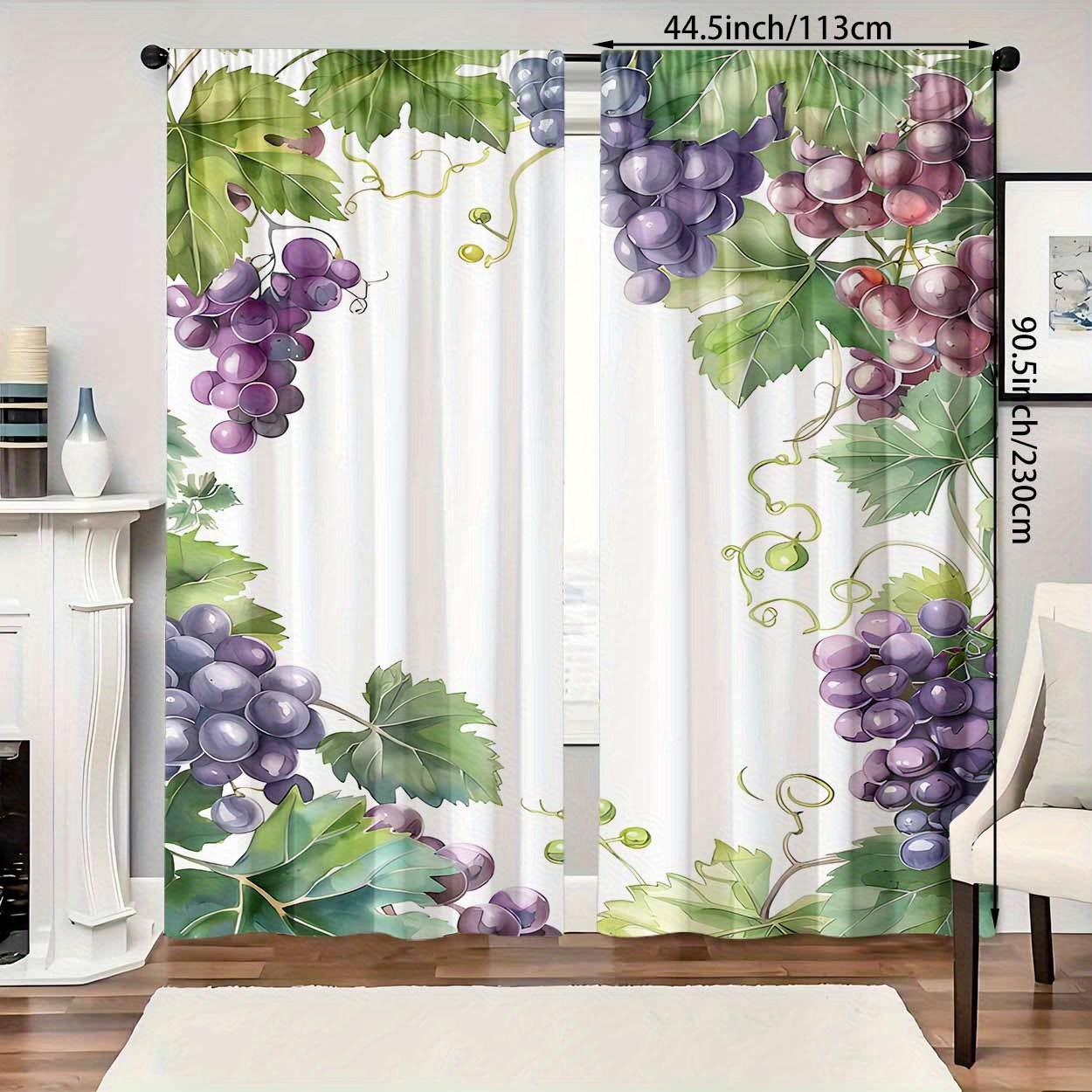 2 piece set, polyester grape pattern printing, high definition digital printing, filter curtain, rod bag design, suitable for bedroom, living room, office, home decoration, modern style, brushed fabric, machine washable, art theme, no tether, no fading