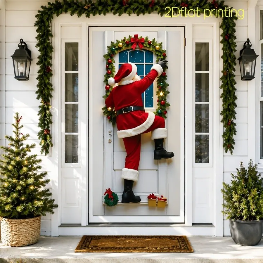2D Christmas Door Curtain, Creative Santa Climbing Design, Festive Holiday Decor, Easy Installation, Perfect for Home and Store Decoration