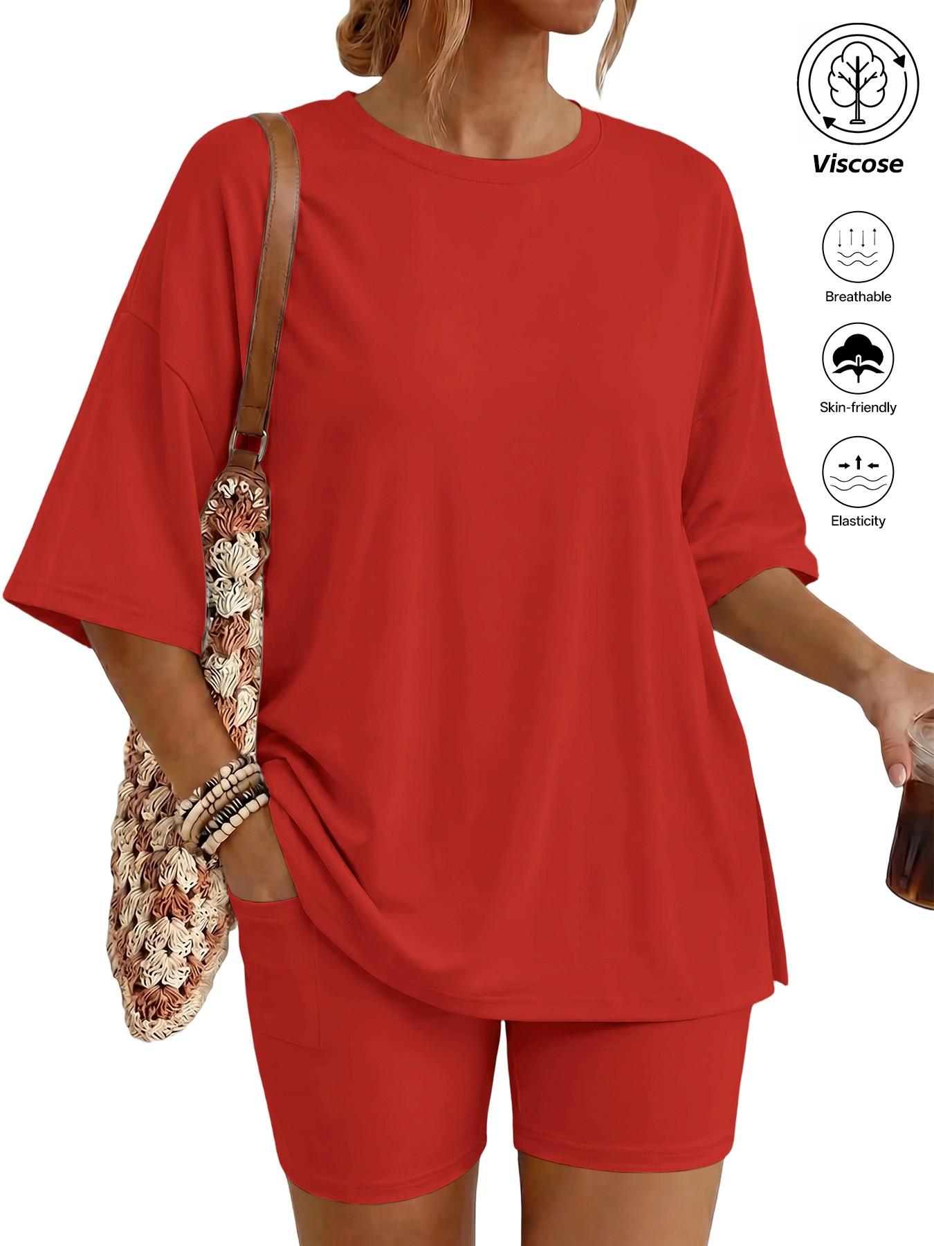 Women's Two Piece Lounge Set Matching, 2026 Summer Casual Basic Oversized Shirts & Biker Shorts, Fitted Plain Design, Perfect for Airport Travel Womenswear Clothes