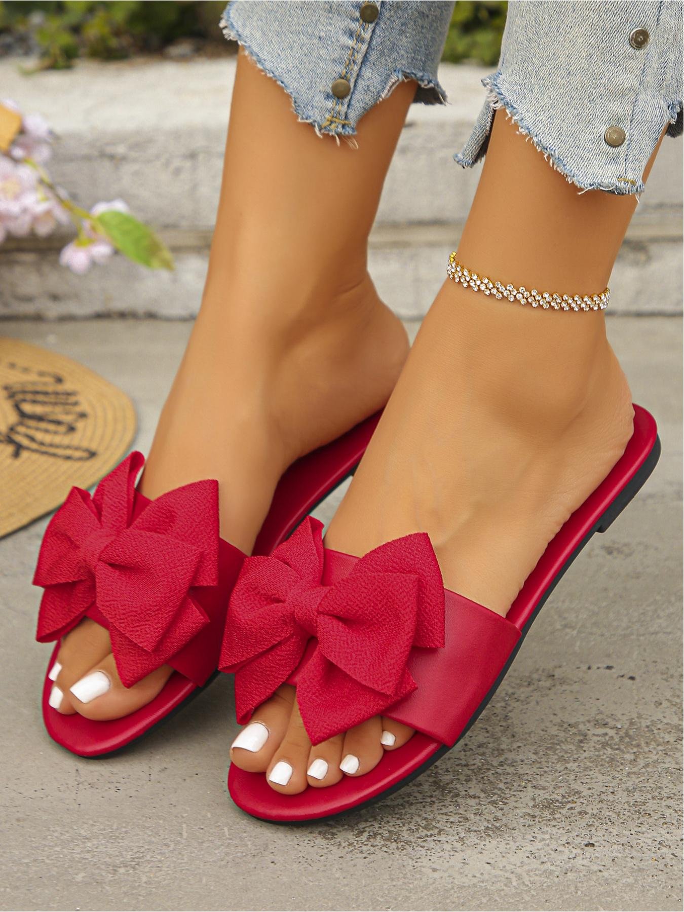 2026 Summer New Bow - decorated Flat Sandals, Multi - color (Green/Brown/Black/Yellow/Red/Orange/White) Square - toe Open - toe Soft - sole Women's Slides, Versatile for Daily Streetwear/Vacation/Home