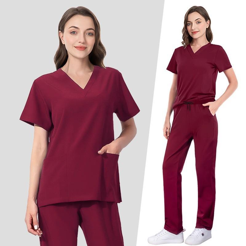 Elastic Quick-Dry V-Neck Two-Piece Scrub Hospital Nurse Uniform Set Beauty Salon Workwear and Operating Outfit Elastic and Slim-Fitting Quick-Dry and Breathable Suitable for Daily Wear in Hospitals Beauty Salons and Operating Rooms