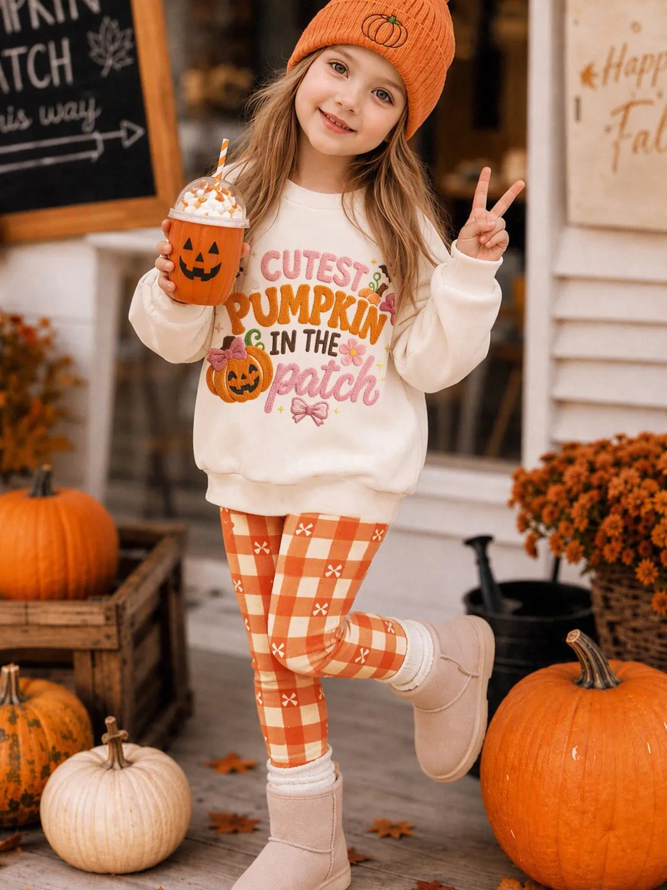Girls Halloween Pumpkin Print Sweatshirt Set, Cute Bow Letter Long Sleeve Top with Plaid Pants, Fall for 4-12 Years