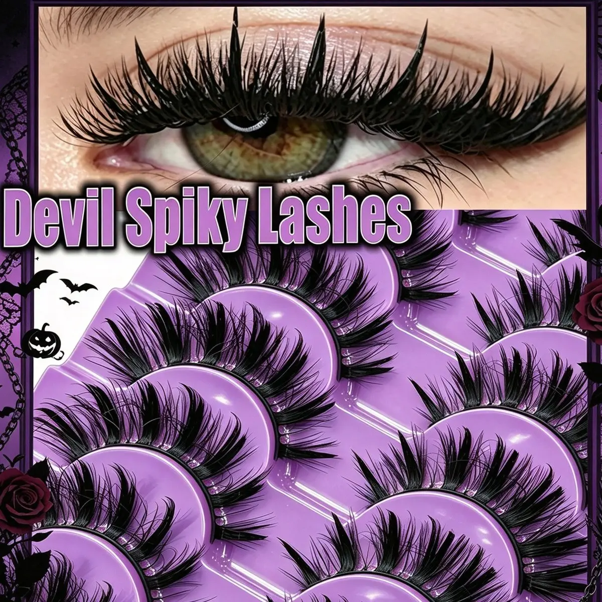 10 Pairs Gothic Devil Spike False Eyelashes, Dark Color Comic Lashes for Cool Girls, Reusable Halloween Cosplay Party Stage Makeup, Spiky False Eyelashes