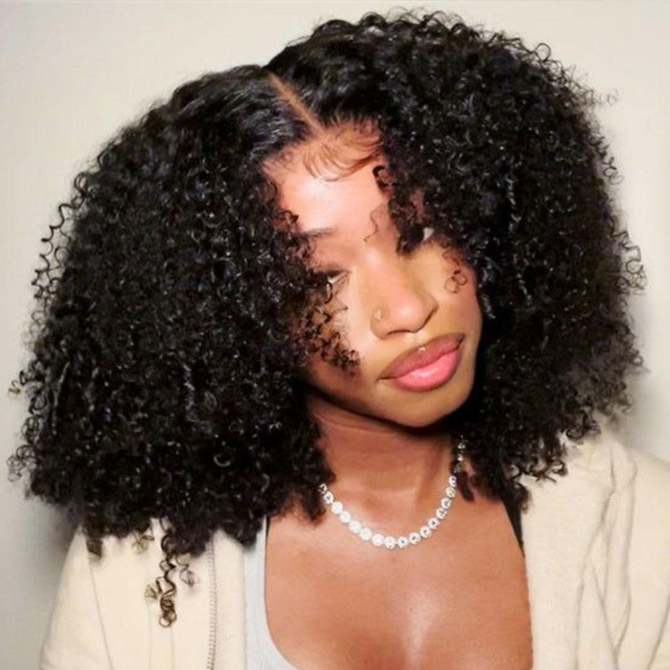 【16“=$81】Moreface Beauty Afro Kinky Curly V Part Wig Human Hair No Leave Out Brazilian Glueless Curly Wig V Part Wig Human Hair Kinky Afro Wig 180% Density