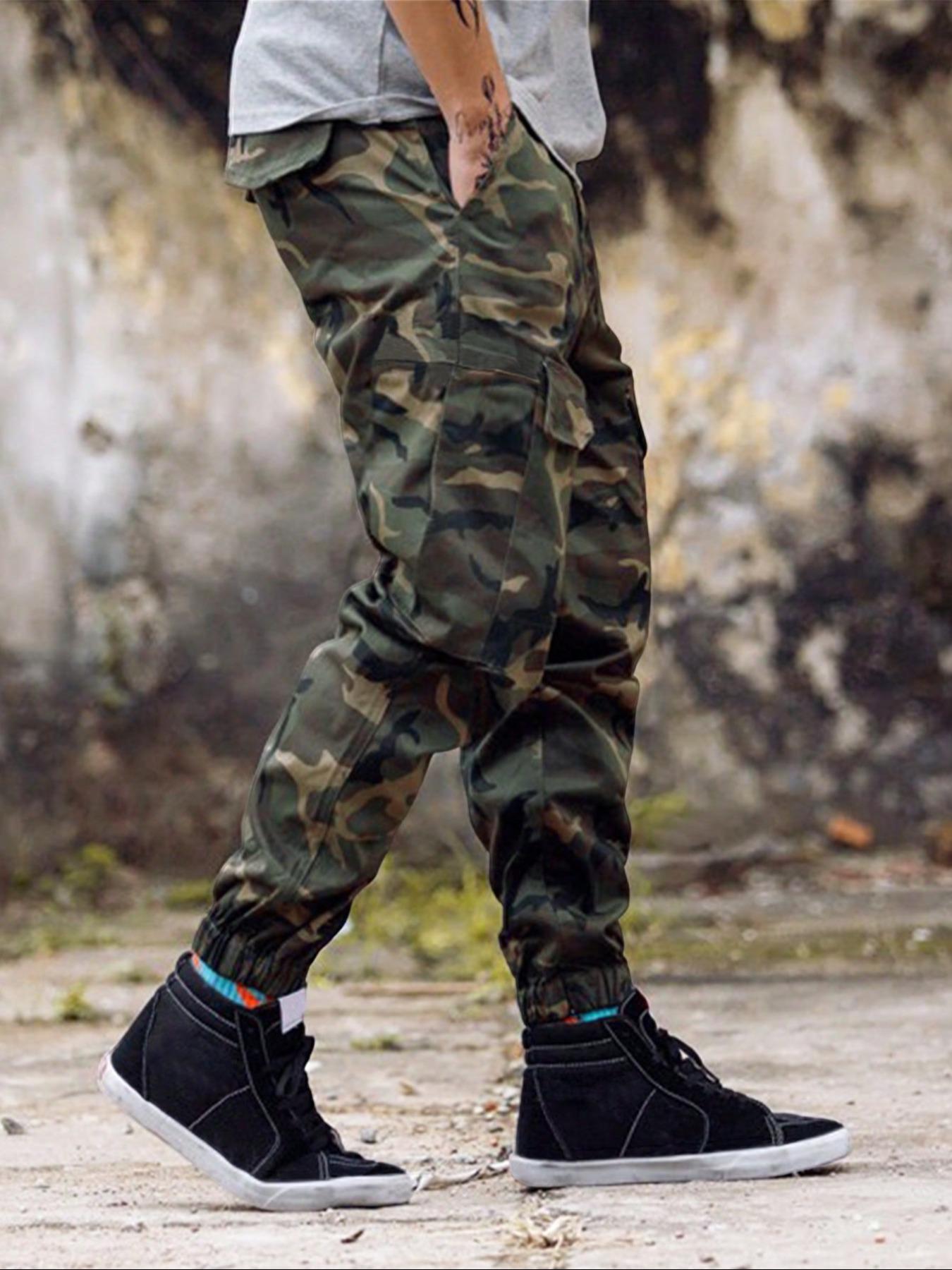 Men's Camo Print Drawstring Waist Cargo Pants, Casual Fashionable Pocket, Streetwear Camouflage Regular Fit Multi-pocket Casual Slant Pocket Jogger Pants for Daily Wear, Men's Trousers for All Seasons