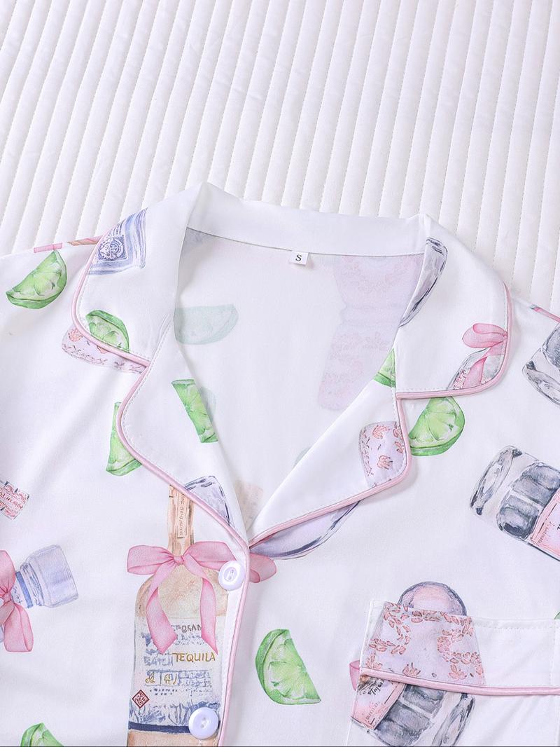 Women's All Over Print Lapel Shirt & Shorts Pajama Two-piece Set, Casual Comfy Short Sleeve Top & Elastic Waist Shorts Set, Ladies Summer Sleepwear, Pjs