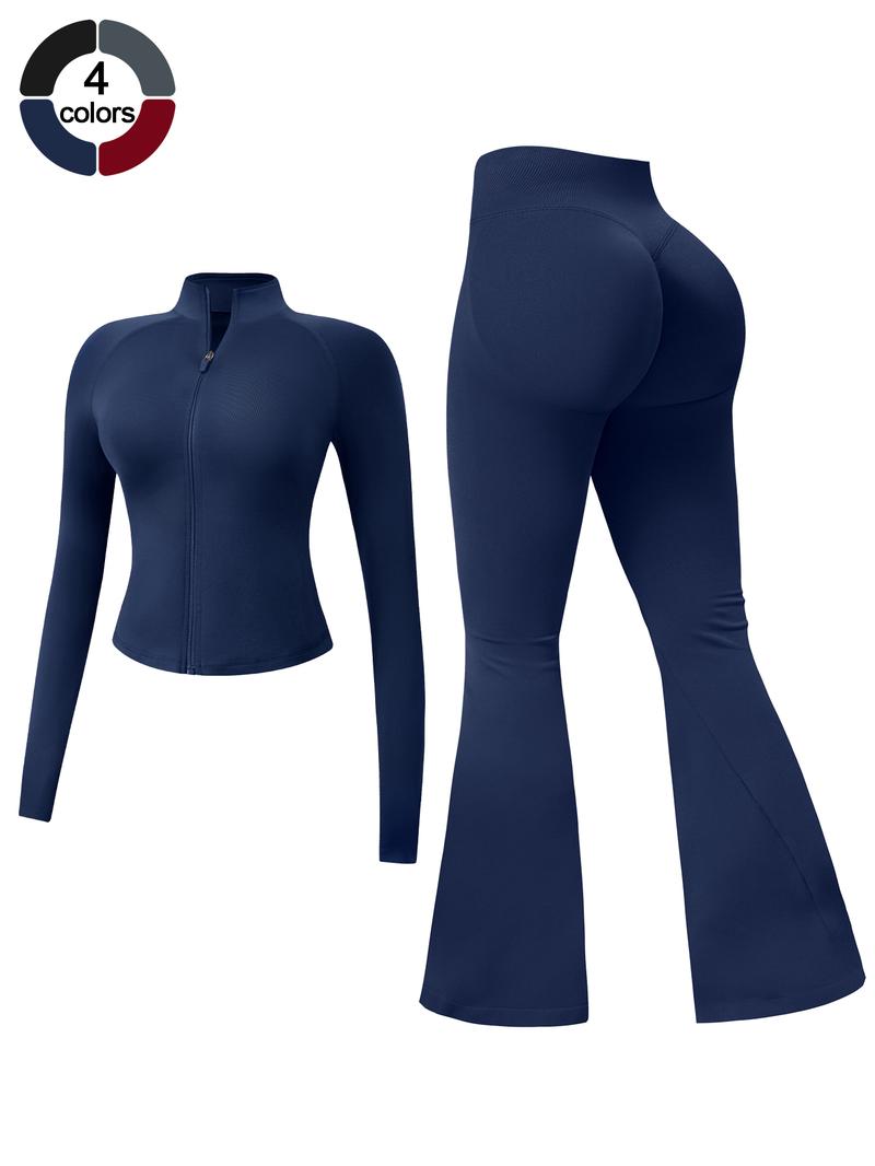 Women's 2-Piece Sportswear Set, Long Sleeve Slim Fit Top & High Waist Tight-Fitting Pants, Yoga Gym Running Comfortable Breathable, Sweatsuit Set