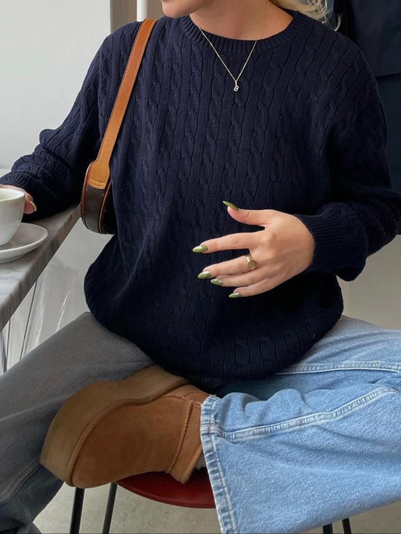 Women's Casual Round Neck Sweater, Plain Color Fitted Knitwear for Fall Season, Daily Commuting Style, Comfortable & Stylish Design