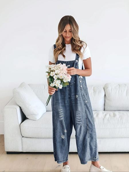 Women's Casual Loose-Fit Denim Overalls, Washed Distressed Design, All-Season Wearable Pantsuit for Daily & Dates