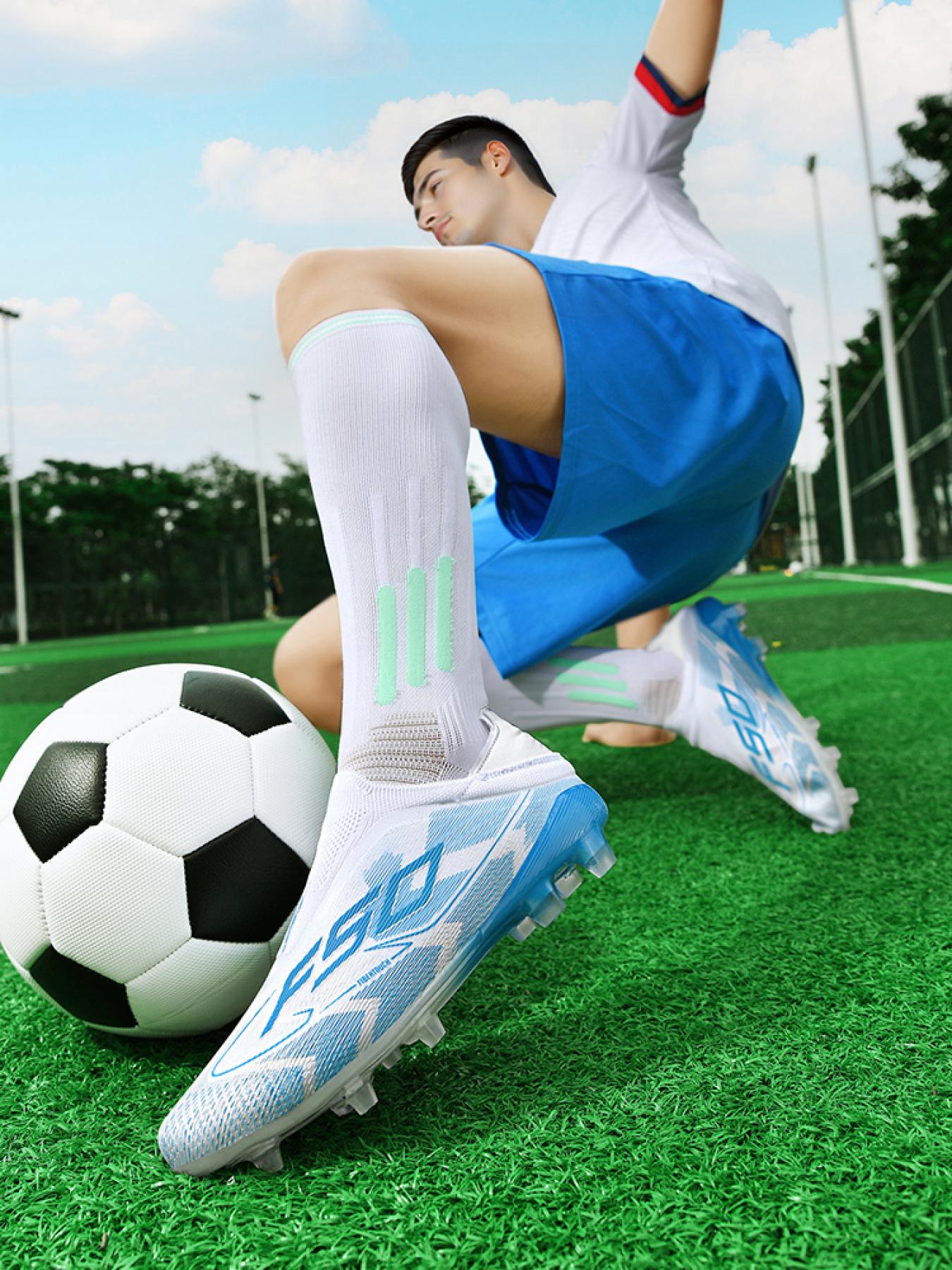 1 Pair Unisex White Blue Gradient Laceless Soccer Cleats | Breathable Knit Upper | Anti-Twist Midsole | Transparent Studs | Professional Grip For Match & Training