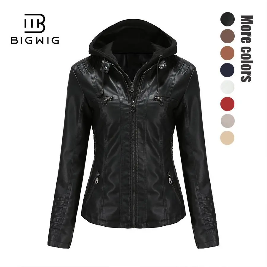 Women's Black PU Faux Leather Biker Jacket - Removable Hood, Long Sleeves, Tops, Casual Style, Street-Ready Style for Daily Outings, S-XL Outerwear, Longsleeves, Lady, Comfortable
