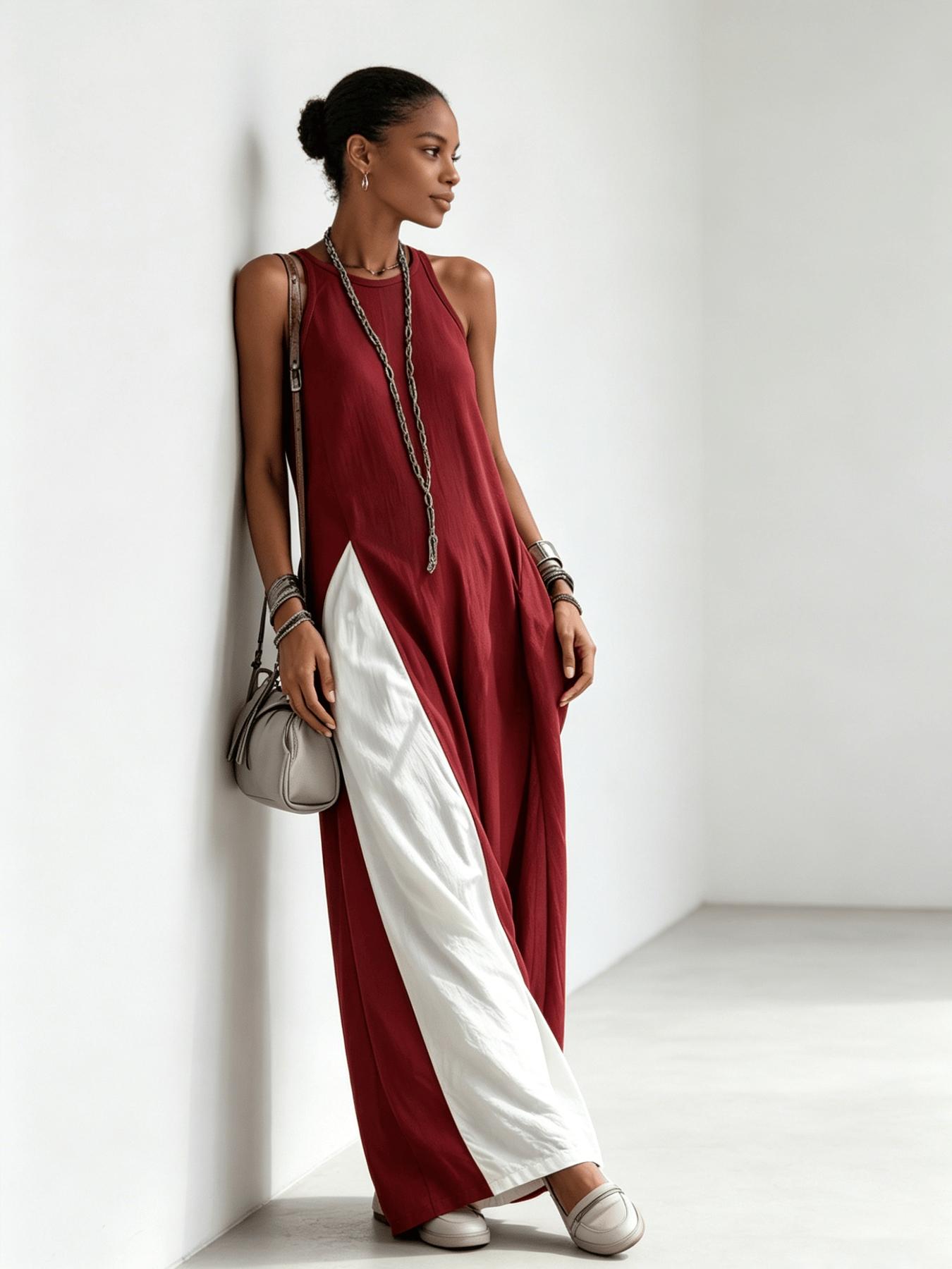 A women's color-blocking dress, Casual Beach Dress, Beach Resort Wear, with sleeveless vest, draping and flesh-concealing long skirt, suitable for summer, beach vacation, exploring shops, attending exhibitions, dating, and enjoying afternoon tea