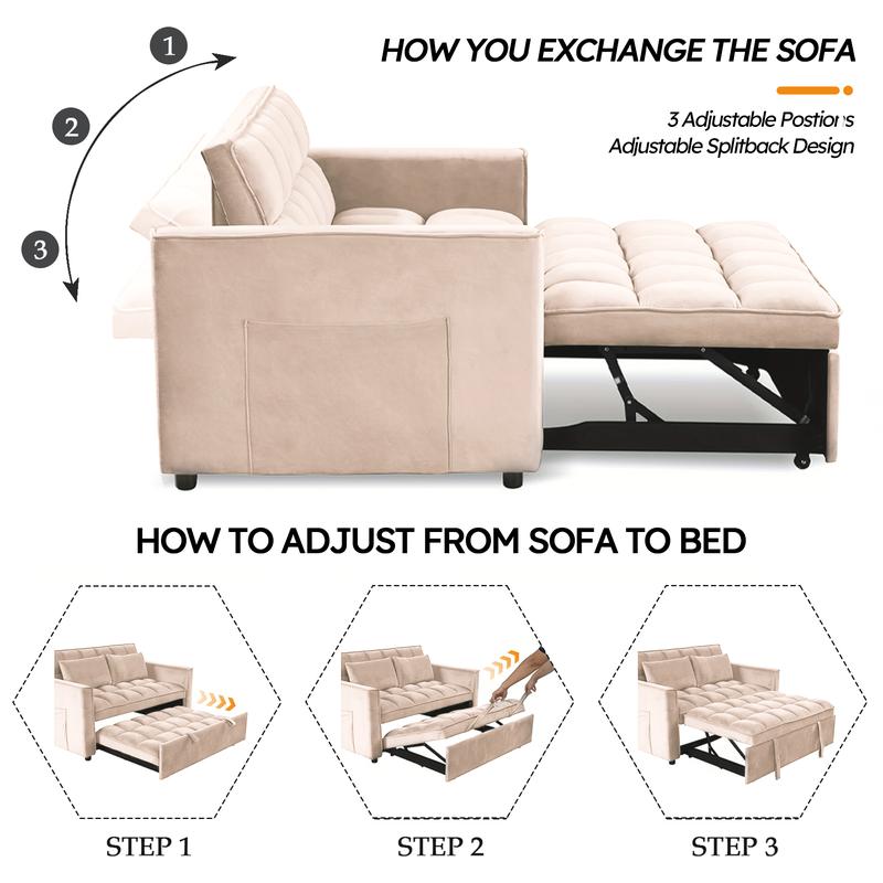 [TikTokShopBlackFriday]Convertible Sofa Bed 3 in 1 Multi-Functional Sleeper Couch, Futon Pull Out Bed, Velvet Loveseat Chaise Lounge with Side Pockets and Pillows, Modern Sleeper Sectional Sofa