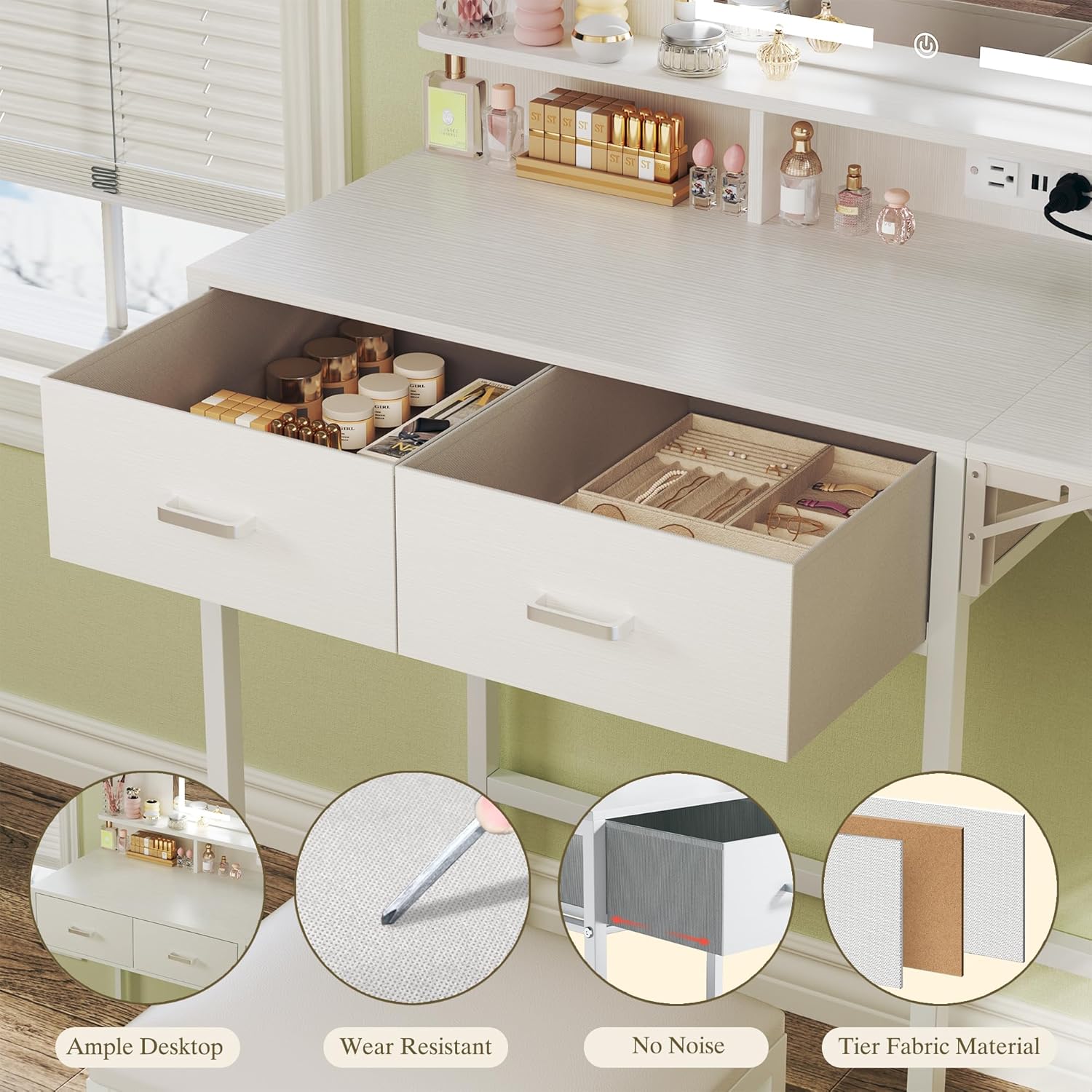 Makeup Vanity Desk with Mirror and Lights, Small Makeup Vanity with Fabric Storage Drawer & Chair & Shelves, White Vanity with Fold-up Panel and Power Outlet for Bedroom Makeup Vanity Desk with Mirror and Lights, Small Makeup Vanity with Fabric Storage Drawer & Chair & Shelves, White Vanity with Fold-up Panel and Power Outlet for Bedroom