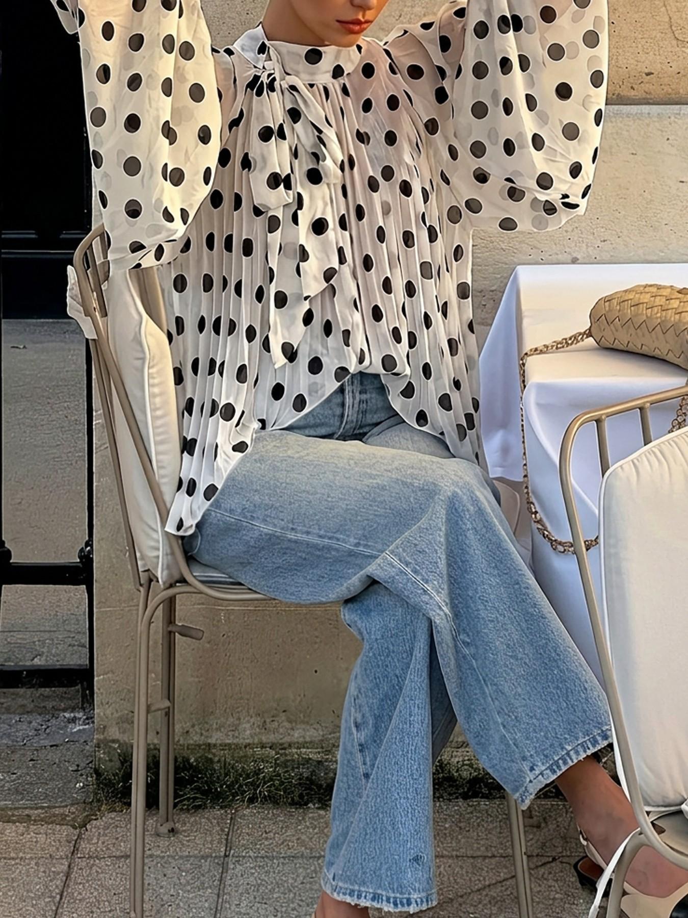 Women's Polka Dot Sheer Chiffon Blouse, Bow Tie Neck & Long-Sleeve Top, Loose Fit Elegant Feminine Shirt for Casual Daily, Party, Commute & Vacation Wear, Spring Summer Layering
