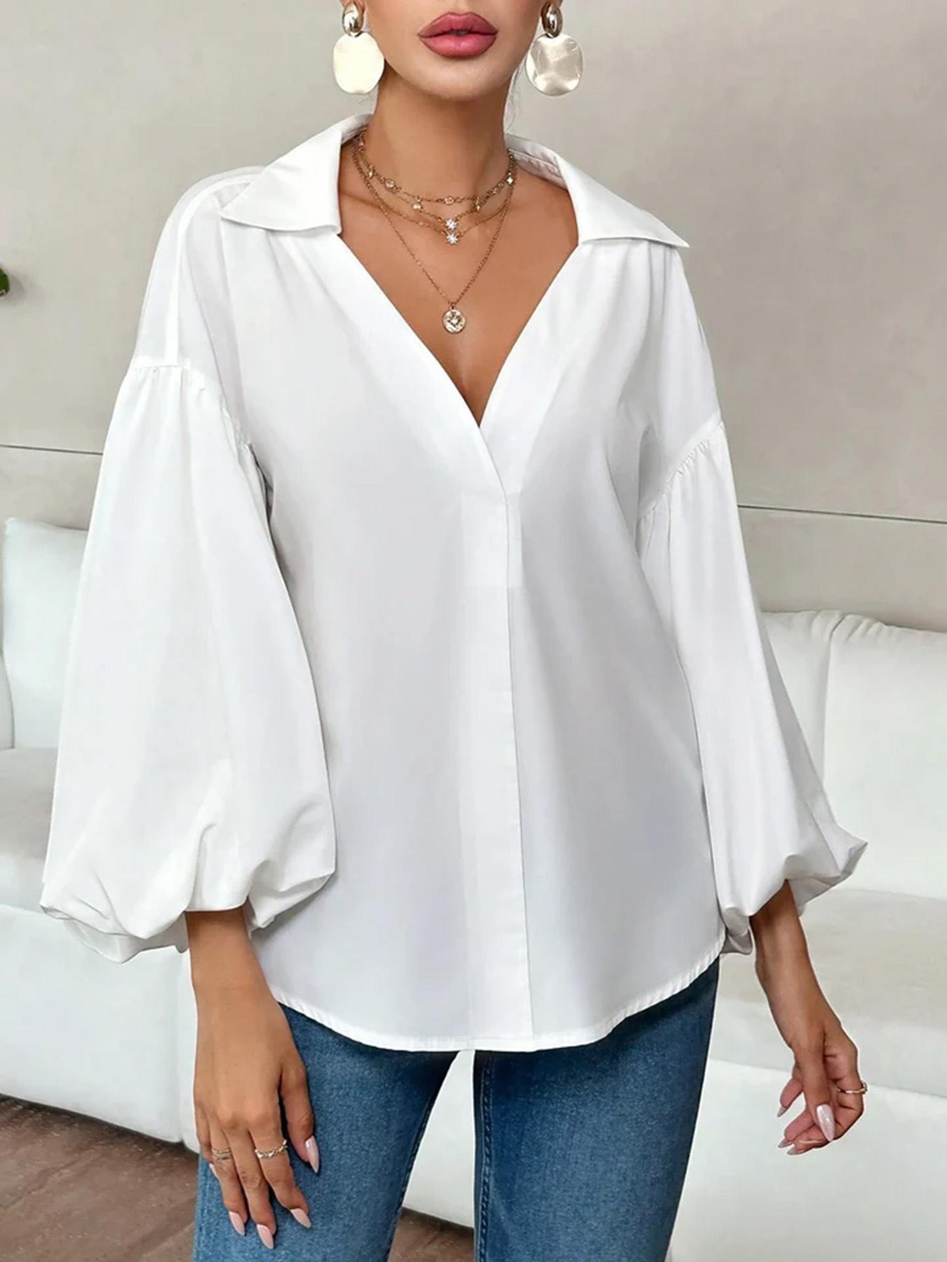 Women's Casual Versatile V-Neck Puff Shirt，Long Sleeves Solid Color Blouse , Stylish and Comfortable, Perfect for Daily Wear, Ladies Fashion Essential