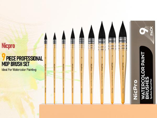 Nicpro Professional Watercolor Paint Brushes with Nylon Bag, 9 Pack Mop Paintbrush, Round Synthetic Squirrel Hair, Bulk Paint Brushes for Watercolor Painting, Gouache, Acrylic, Oil, Wood Color