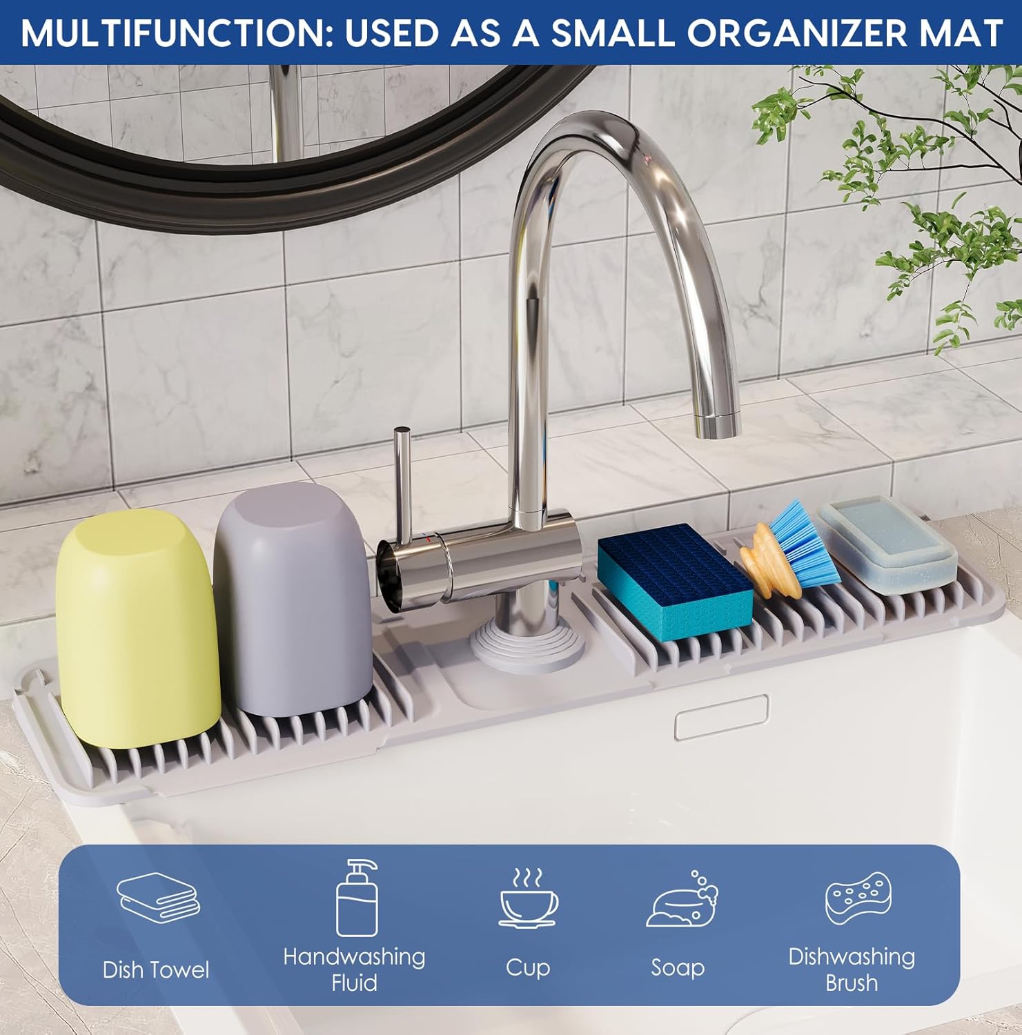 24 Inch Silicone Faucet Mat For Kitchen Sink, 5° Slope Fast Self-Draining Splash Guard, Longer Non-Slip Sink Protector, Easy Clean Kitchen Accessories, Home Organization & Countertop Protector