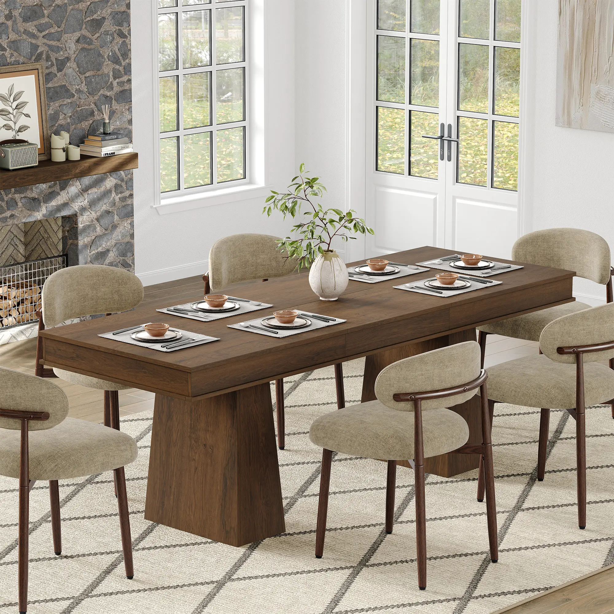 63" to 86.6" Extendable Dining Table, Modern Solid Wood Rectangular Dinner Table, Seats 6-10 People, Easy Assembly Sturdy Durable Kitchen Table for Dining Room, Family Gatherings,No Chairs