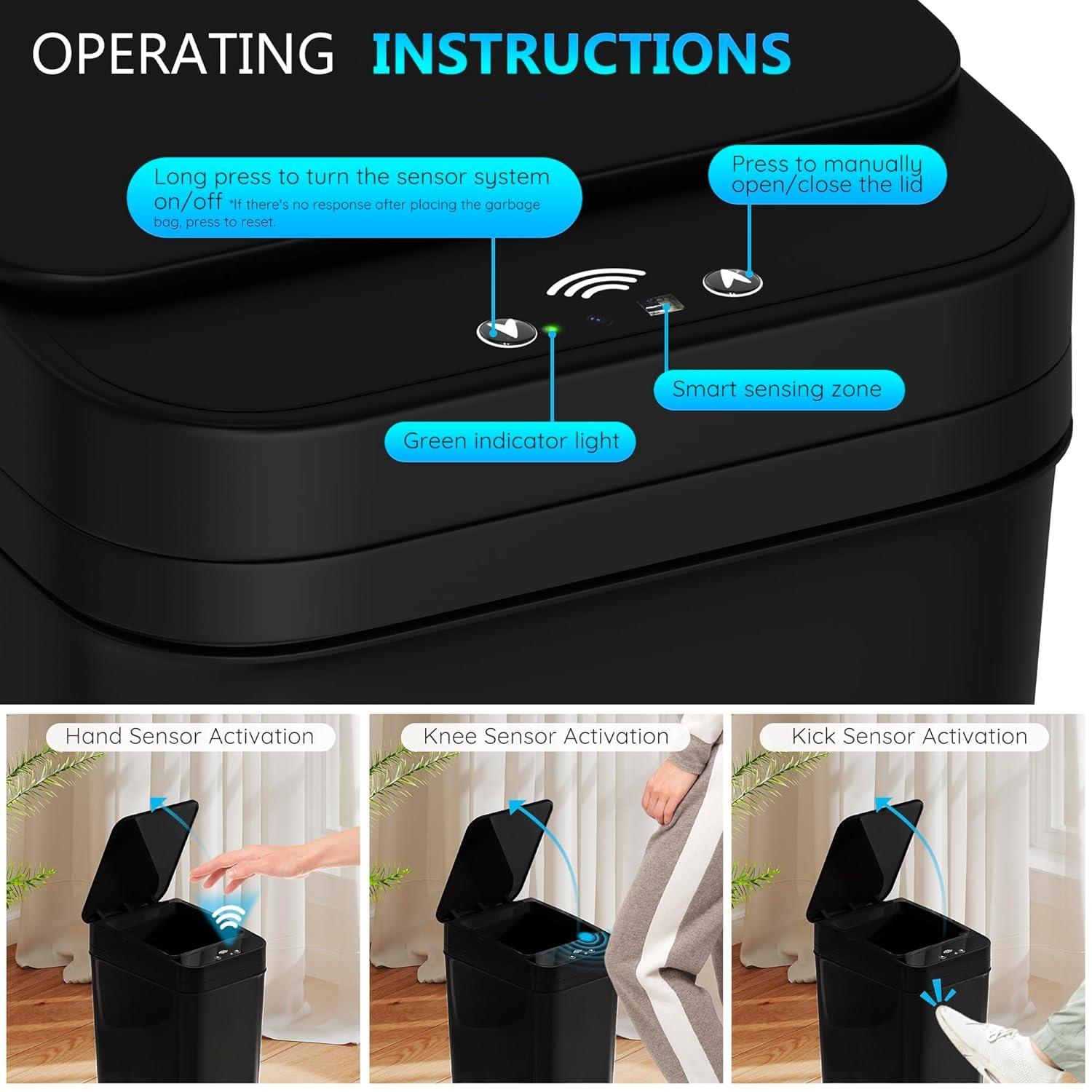 1-3 Pack Black Automatic Small Bathroom Trash Can with Lid —— 3.1 Gallon Touch-Free Intelligent Garbage Bin, Touchless Trash Can with Motion Sensor, Slim Dog-Proof Wastebasket, Plastic Wastebasket for Bedroom, Office, Kitchen