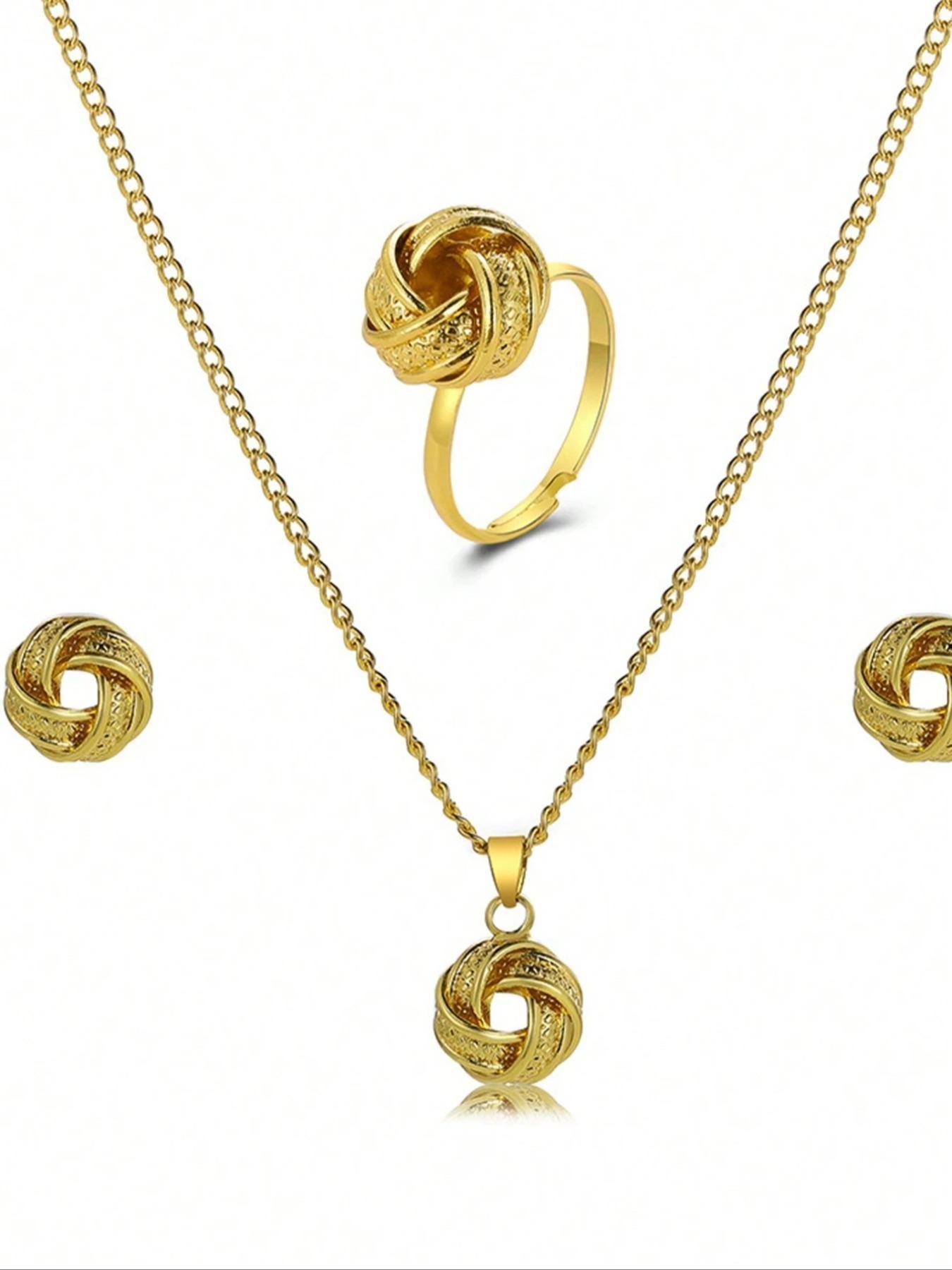 3 Piece Set Braided Spiral Knot Ring Earring Necklace Jewelry, Unique Women's Evening Party Jewelry Set, Stylish Accessories