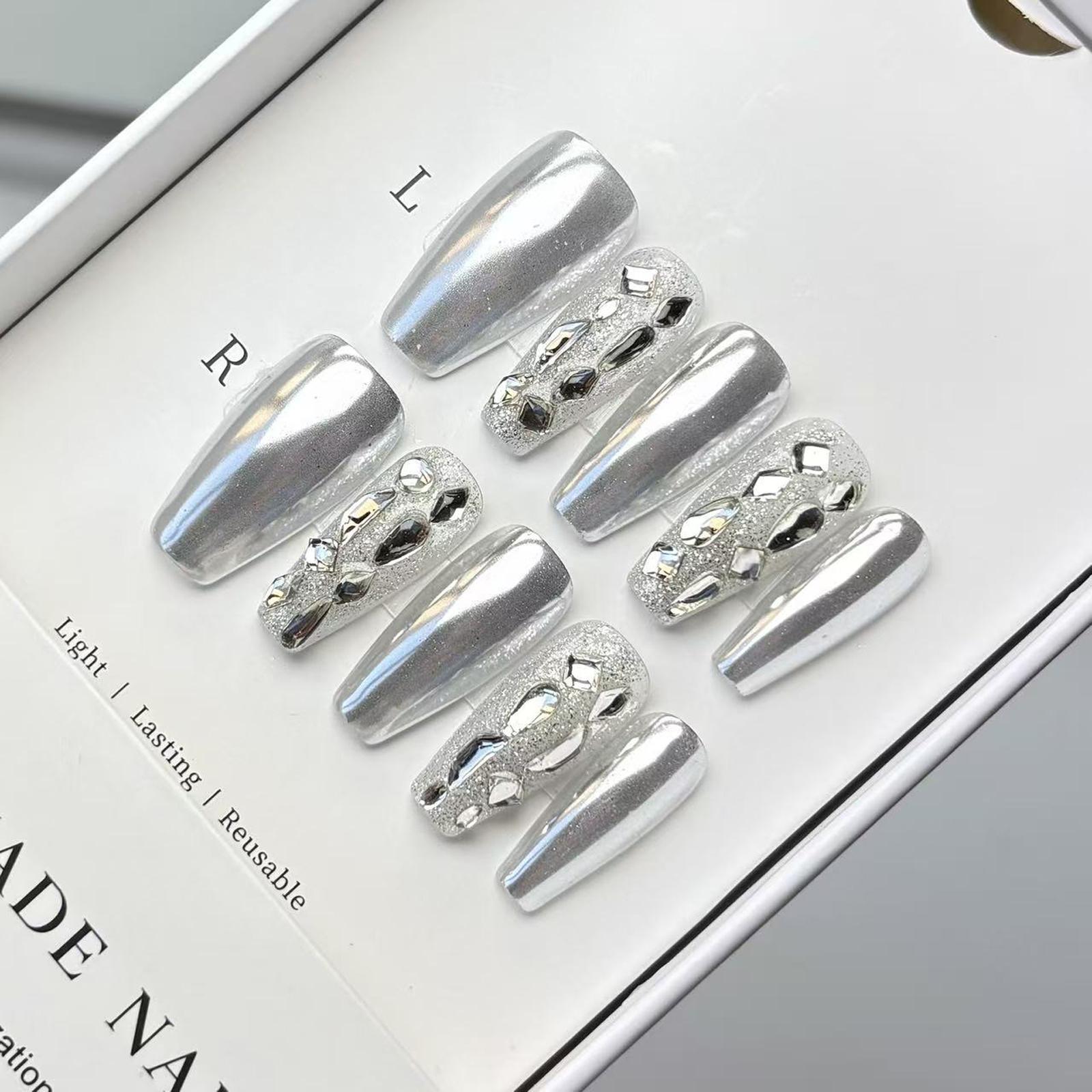 Obsessed With This Edgy Vibe! Custom Full Chrome Silver Press On Fake Nails, Exquisite Hand-Pailed Sparkling Mixed Rhinestone Design, TikTok Viral Hit