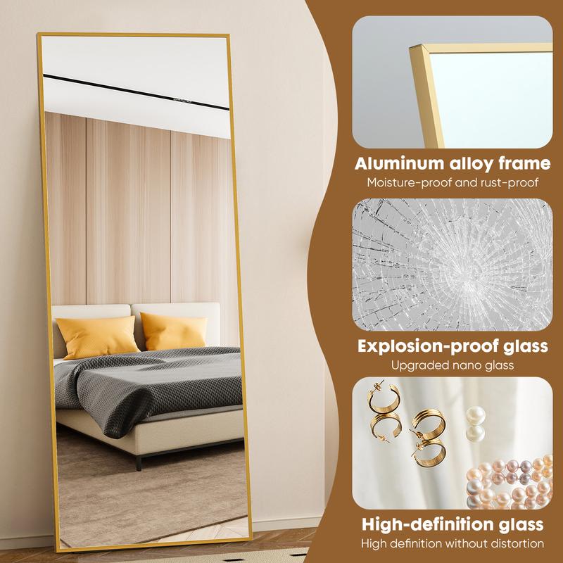 71" Full-Length Mirror with Stand - Freestanding/Wall-Mounted Floor Mirror, Shatterproof Nano Glass & Aluminum Frame, Right Angle/Rounded Corners (Gold/Black)