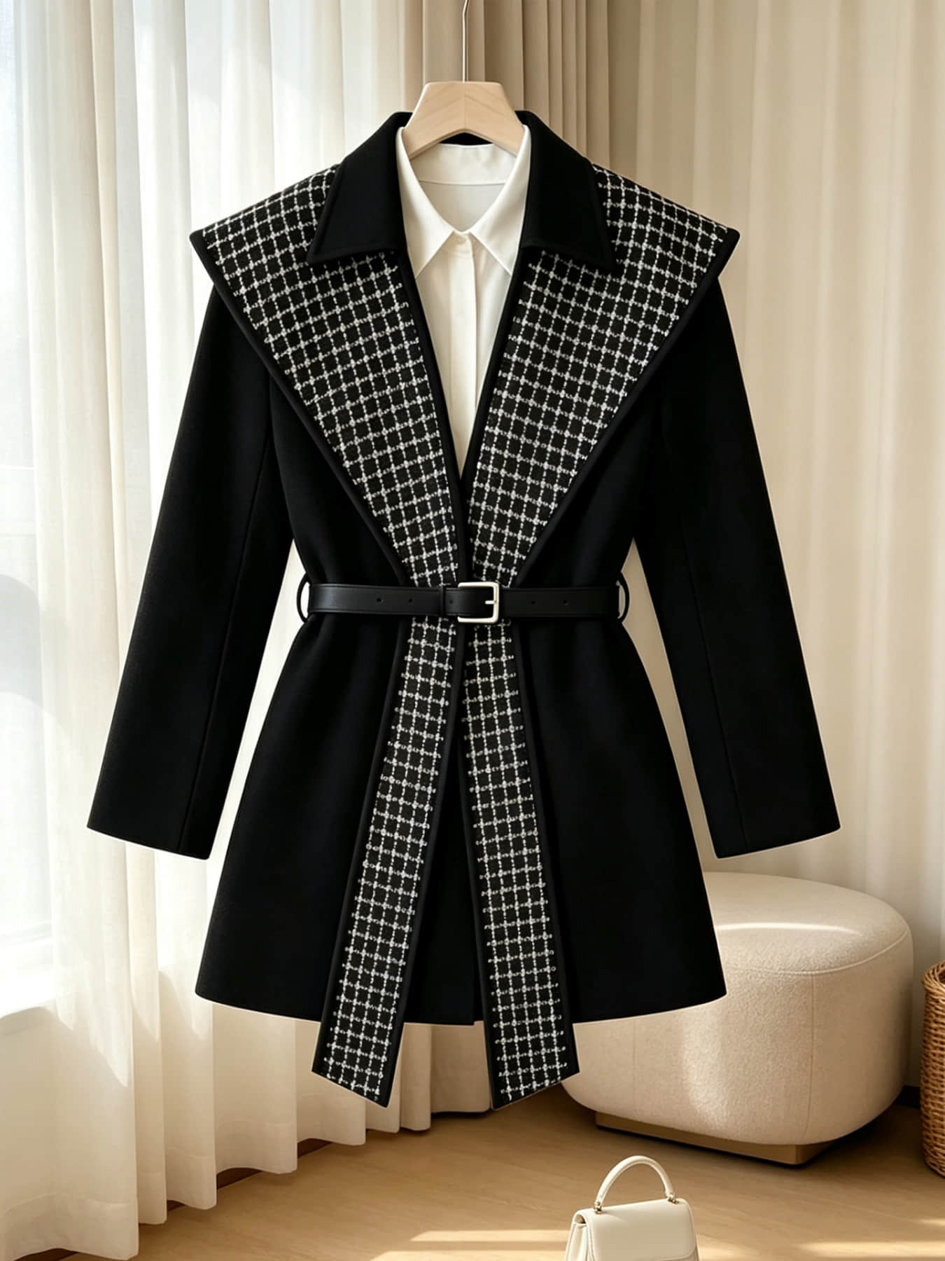 A stylish black women's coat with waist-cinching design, belt, and lapel, suitable for autumn and winter, perfect for office wear, daily dates, and outdoor outfits