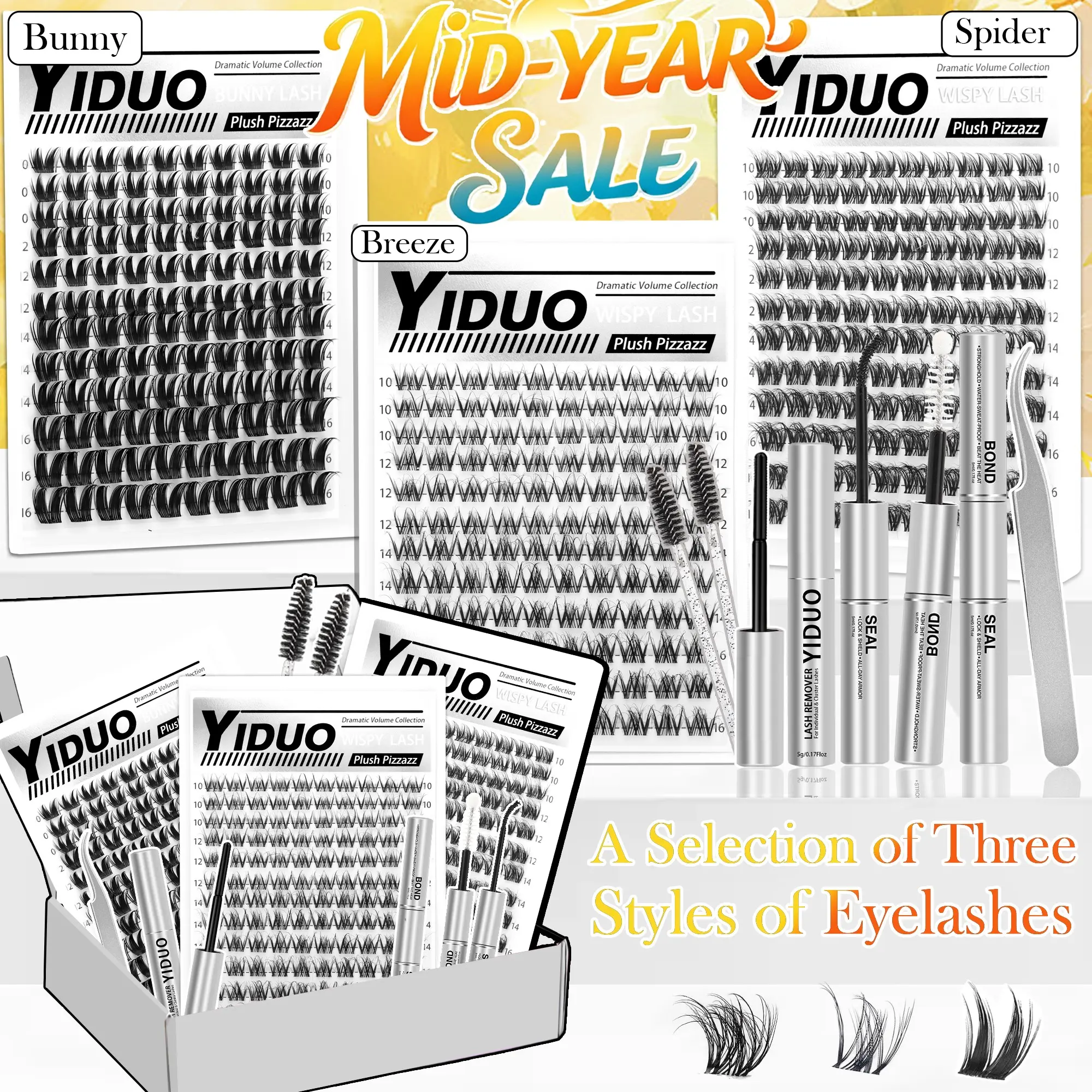 YIDUO Spider Cluster Lash Kit | 3 Styles Bunny/Breeze/Spider, 360Pcs D Curl 10-16mm Individual Lashes, DIY Eyelash Extension Set with Bond&Seal, Tweezers, Remover & Lash Brush