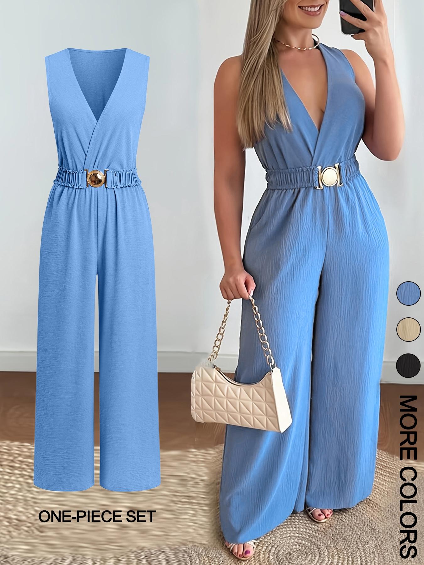 Women's Solid Belted Jumpsuit, Casual Sleeveless V Neck Jumpsuit for Summer, Women's Clothes for Daily Wear, Ruched Belted Jumpsuit