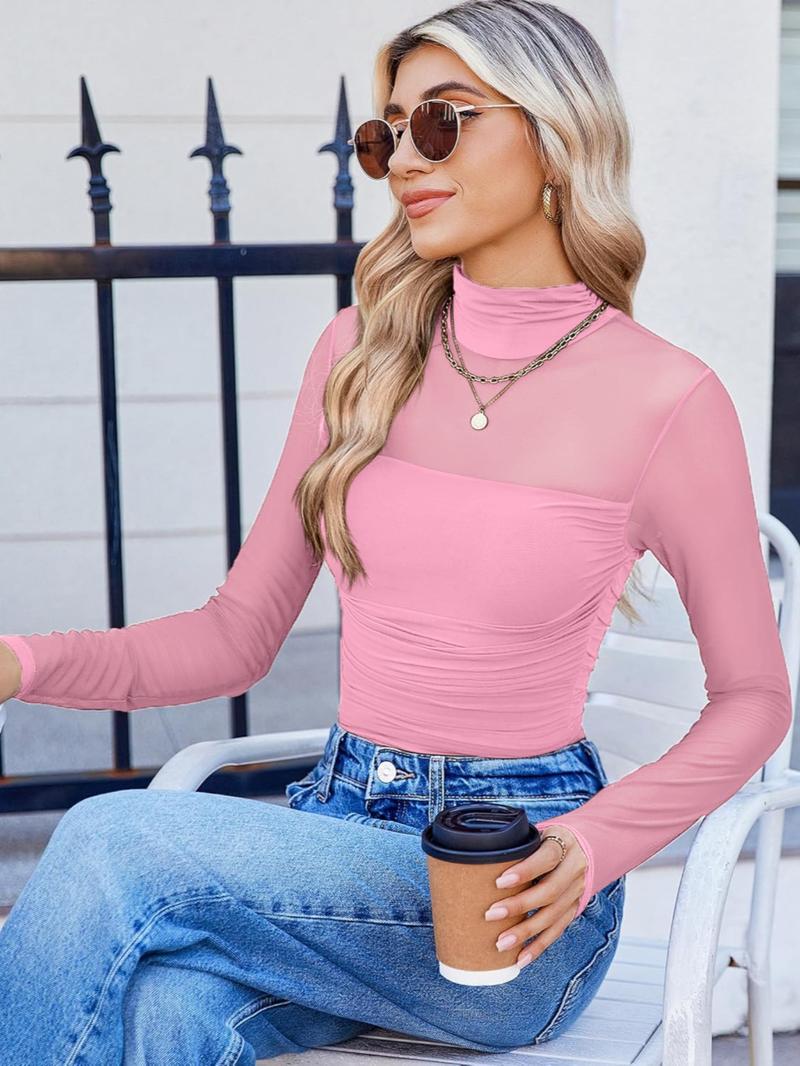 Women's Mesh Sheer Long Sleeve Ruched Top, Sexy Fitted High Neck, Fashion Versatile Base layer