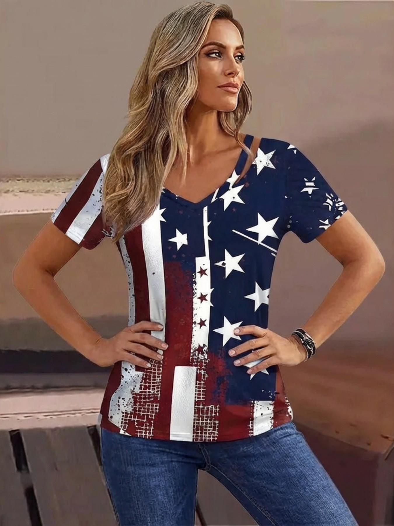 Classic Vintage American Flag Patchwork 3D Print Women's High Street Fashion Loose Mesh Breathable V Neck Short Sleeve T-Shirt