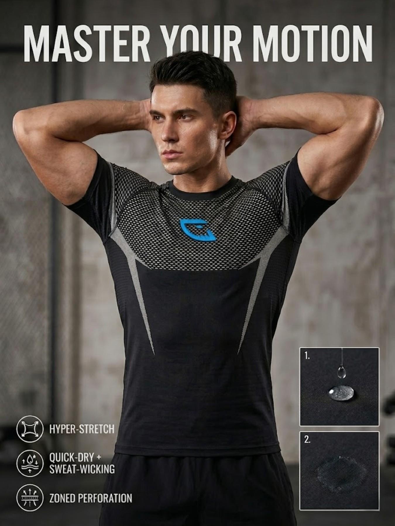Men's Fitness Sport T-Shirt, Trendy Athletic Style, 10x Stretch, Quick Dry, Sweat-Wicking, Ideal for Gym Training, Men's Workout Wear