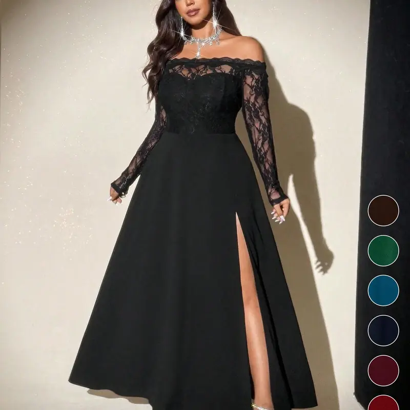 Plus Size off Shoulder Lace Maxi Dress, Long Sleeve Floral Bodice, High Slit Flowy Formal Gown, Dress for Weddings & Parties, Formal Wear
