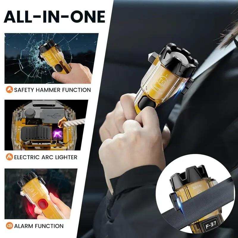 10 in 1 Rechargeable Multi-Function Laser Flashlight with High Lumen LED, Emergency Hammer with Window Breaker, Perfect for Car, Home, Outdoor Survival, and Personal Safety