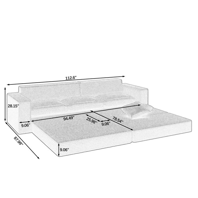 [2 packing delivery] Niccae Left Seat L-Shaped Sectional Sofa, Compressed Corduroy, Modern Minimalist Design,Converts to Bed,Space-Saving&Comfortable,(Ships in 2 Packages)